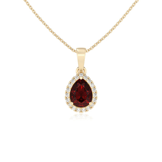 natural garnet pear solitaire necklaces in yellow gold