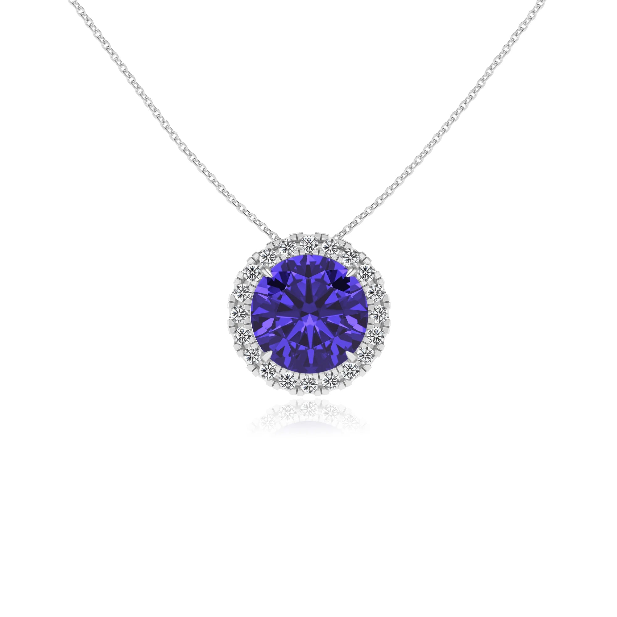 lab grown tanzanite round solitaire necklaces in white gold