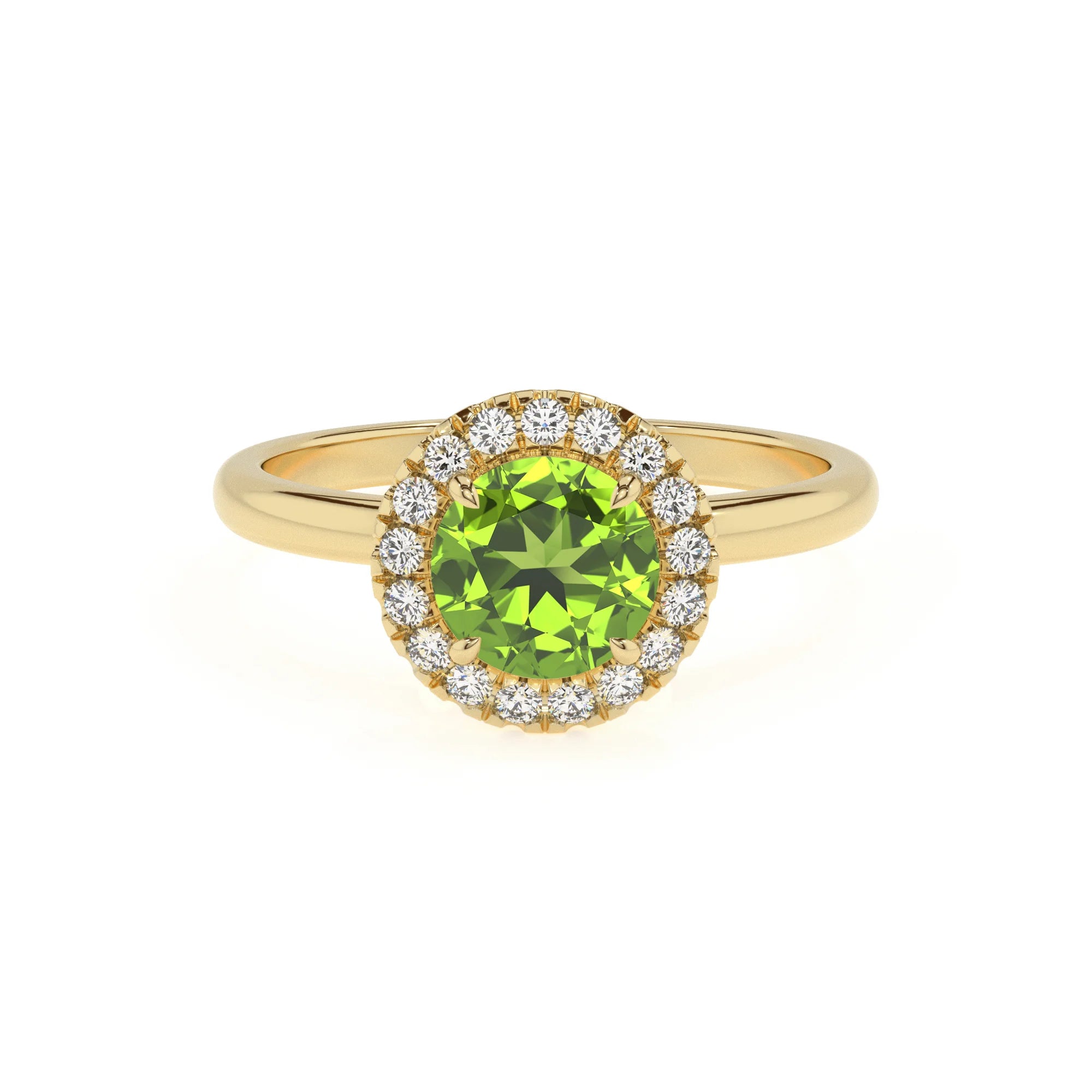 natural peridot round solitaire rings in yellow gold