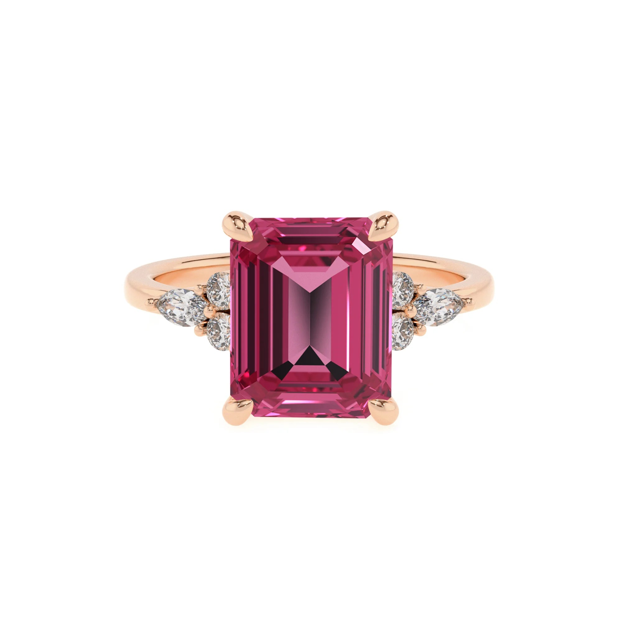 lab grown pink-tourmaline emerald cut solitaire rings in rose gold