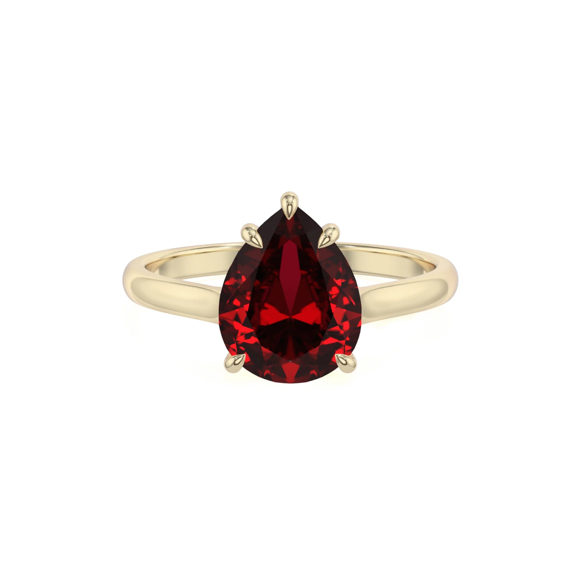 lab grown ruby pear solitaire rings in yellow gold