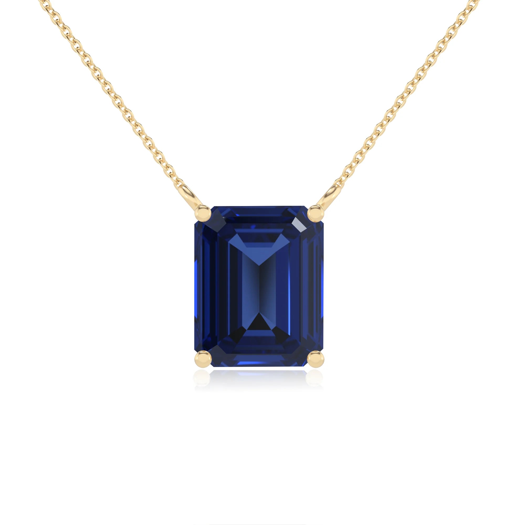 lab grown blue-sapphire emerald cut solitaire necklaces in yellow gold