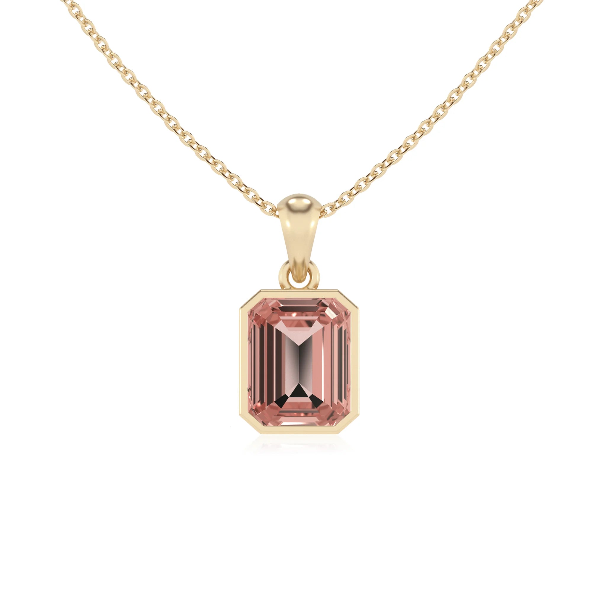 lab grown morganite emerald cut solitaire necklaces in yellow gold