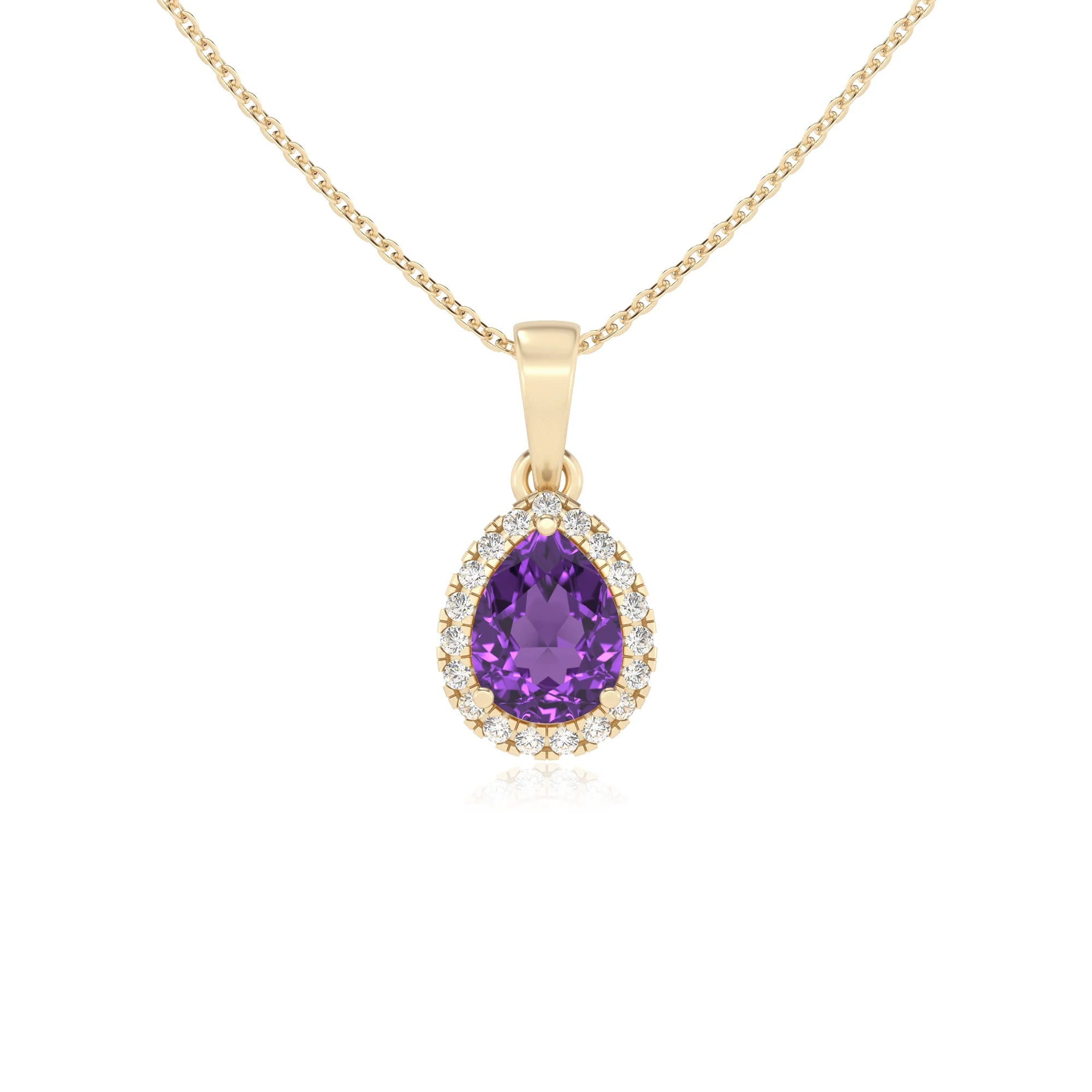 lab grown amethyst pear solitaire necklaces in yellow gold