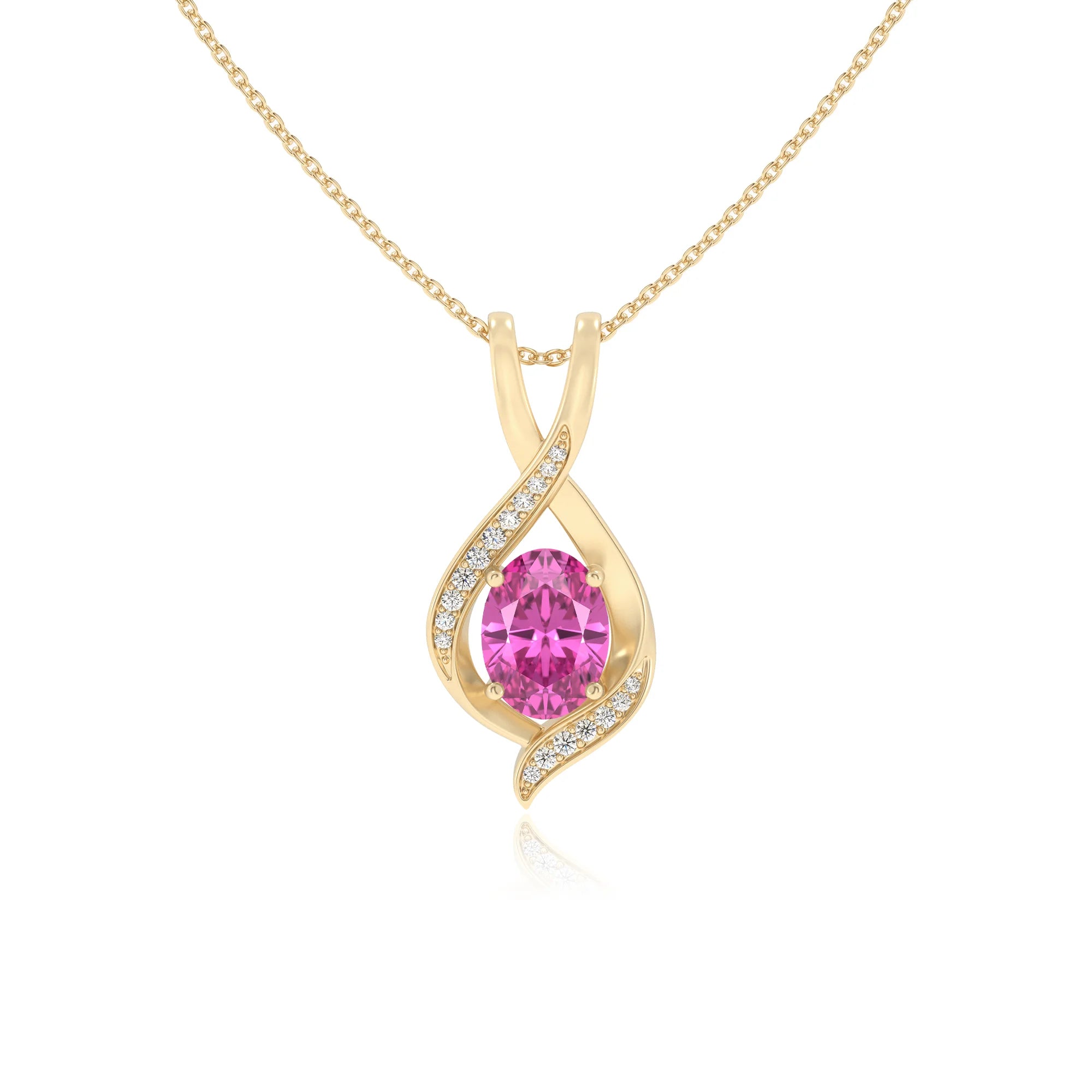 lab grown pink-sapphire oval solitaire necklaces in yellow gold