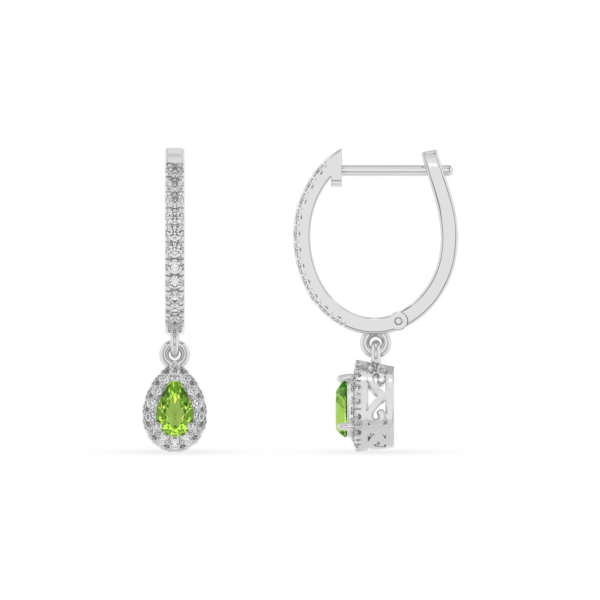 natural peridot pear drop earrings in white gold
