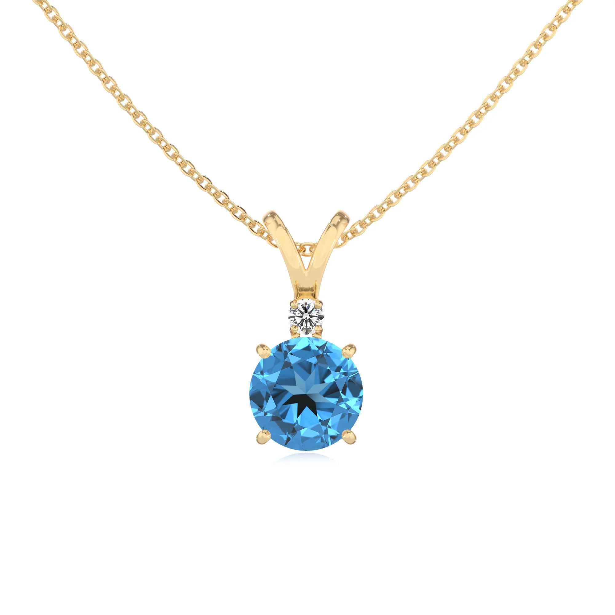 natural swiss-blue-topaz round solitaire v-bale necklaces in yellow gold
