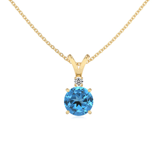 natural swiss-blue-topaz round solitaire v-bale necklaces in yellow gold