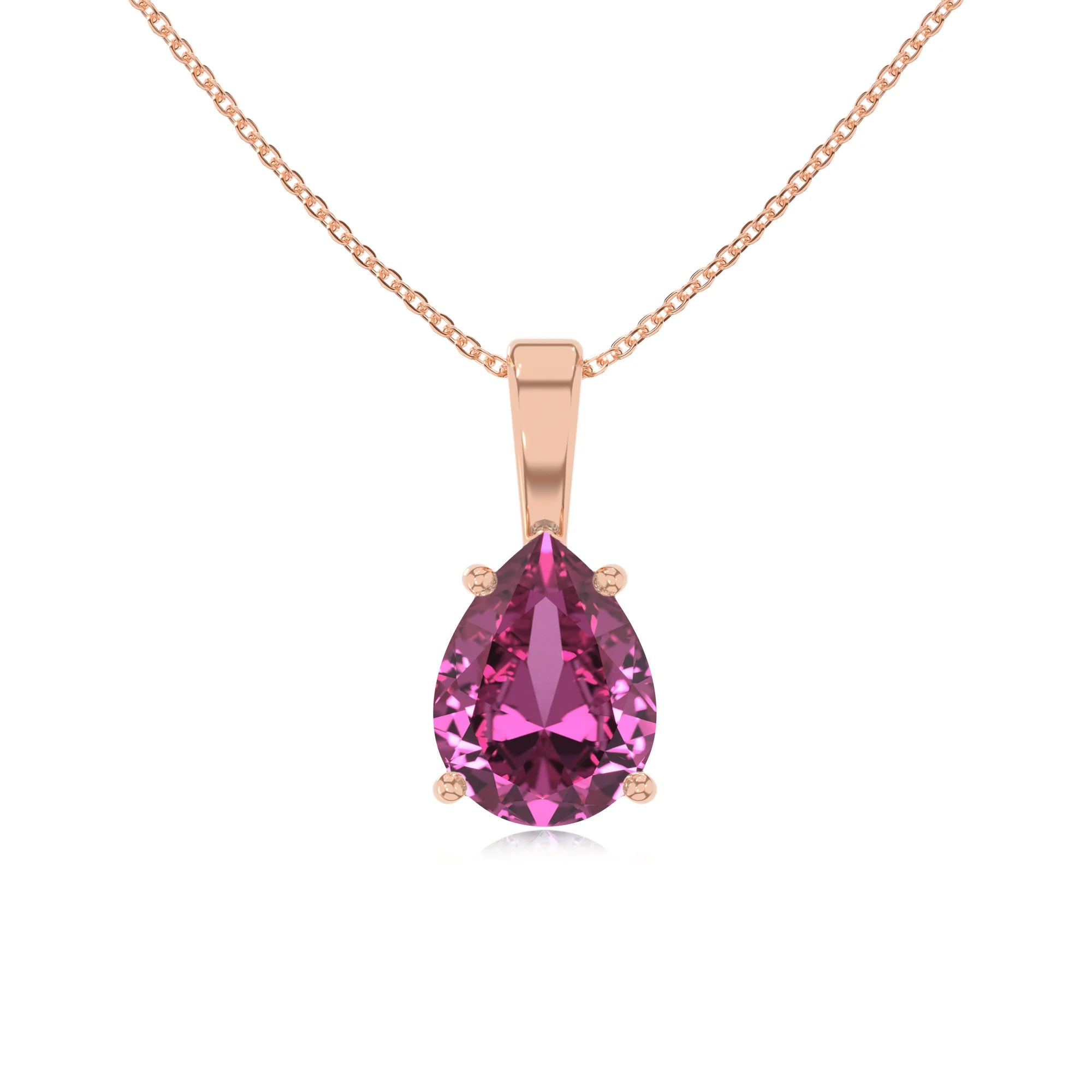 lab grown pink-sapphire pear solitaire necklaces in rose gold