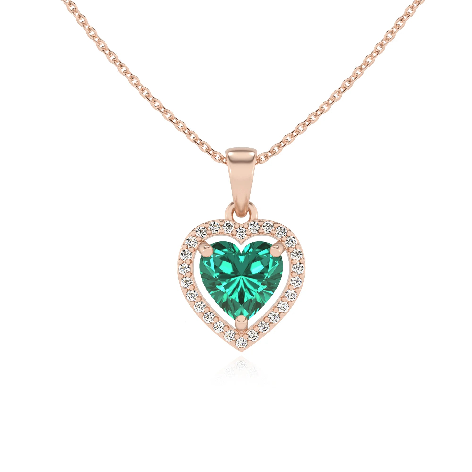 lab grown emerald heart solitaire necklaces in rose gold