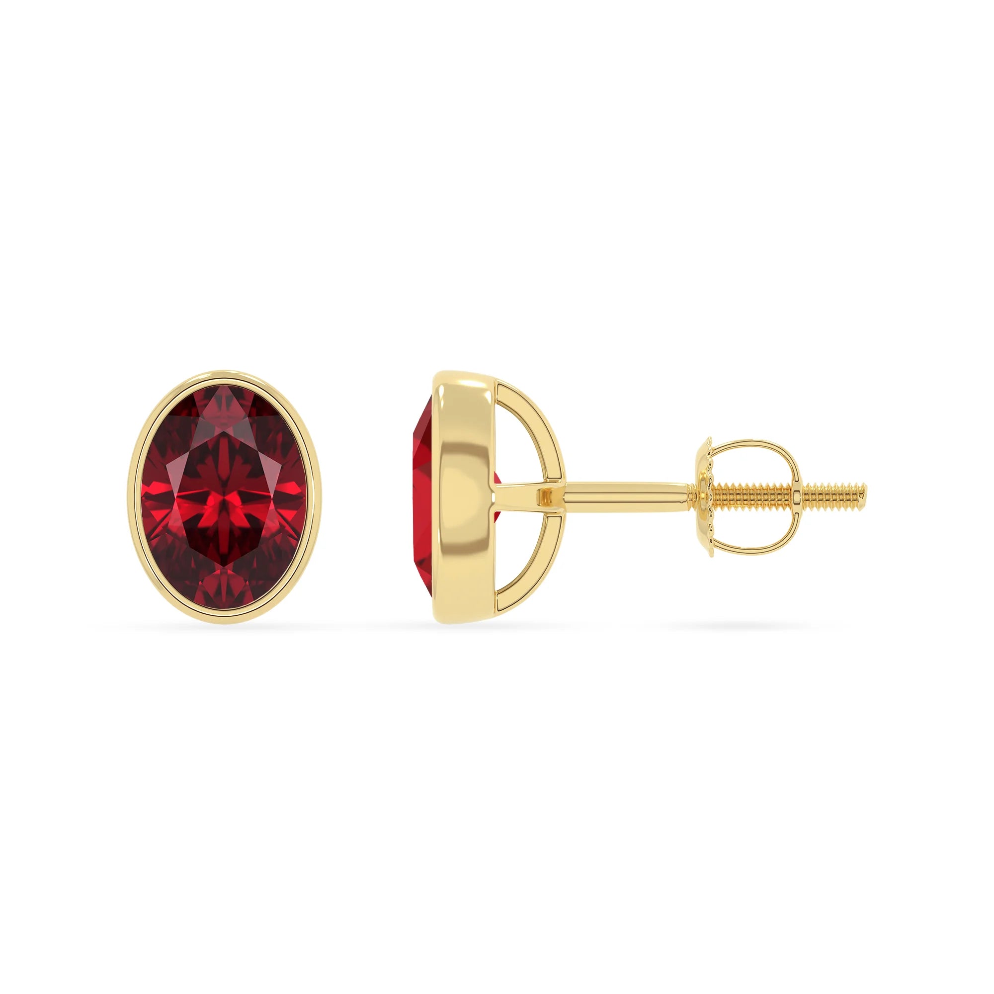 lab grown ruby oval stud earrings in yellow gold