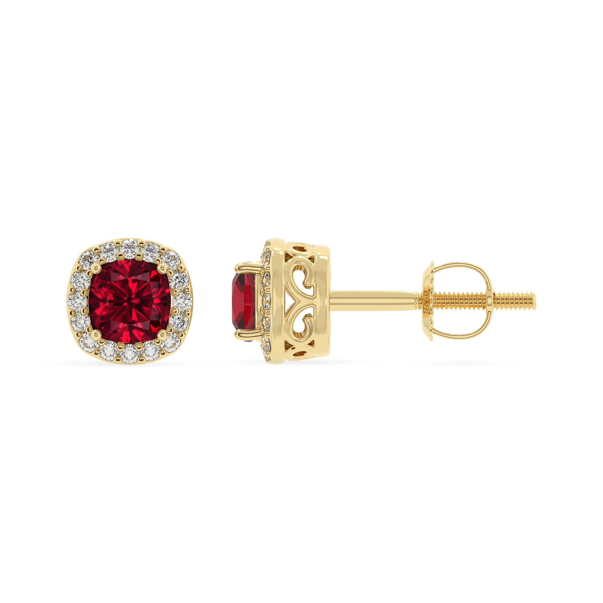 lab grown ruby cushion stud earrings in yellow gold