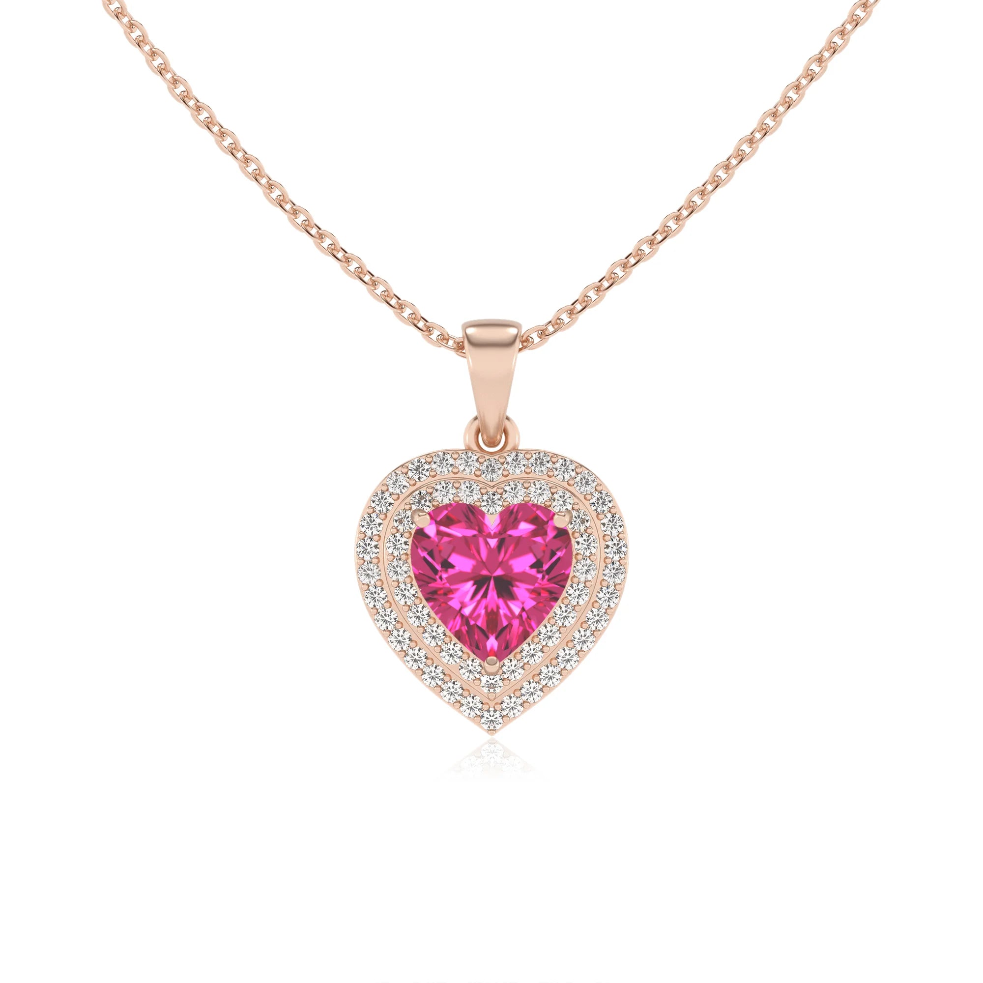 lab grown pink sapphire heart halo necklaces in rose gold
