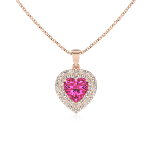 lab grown pink sapphire heart halo necklaces in rose gold