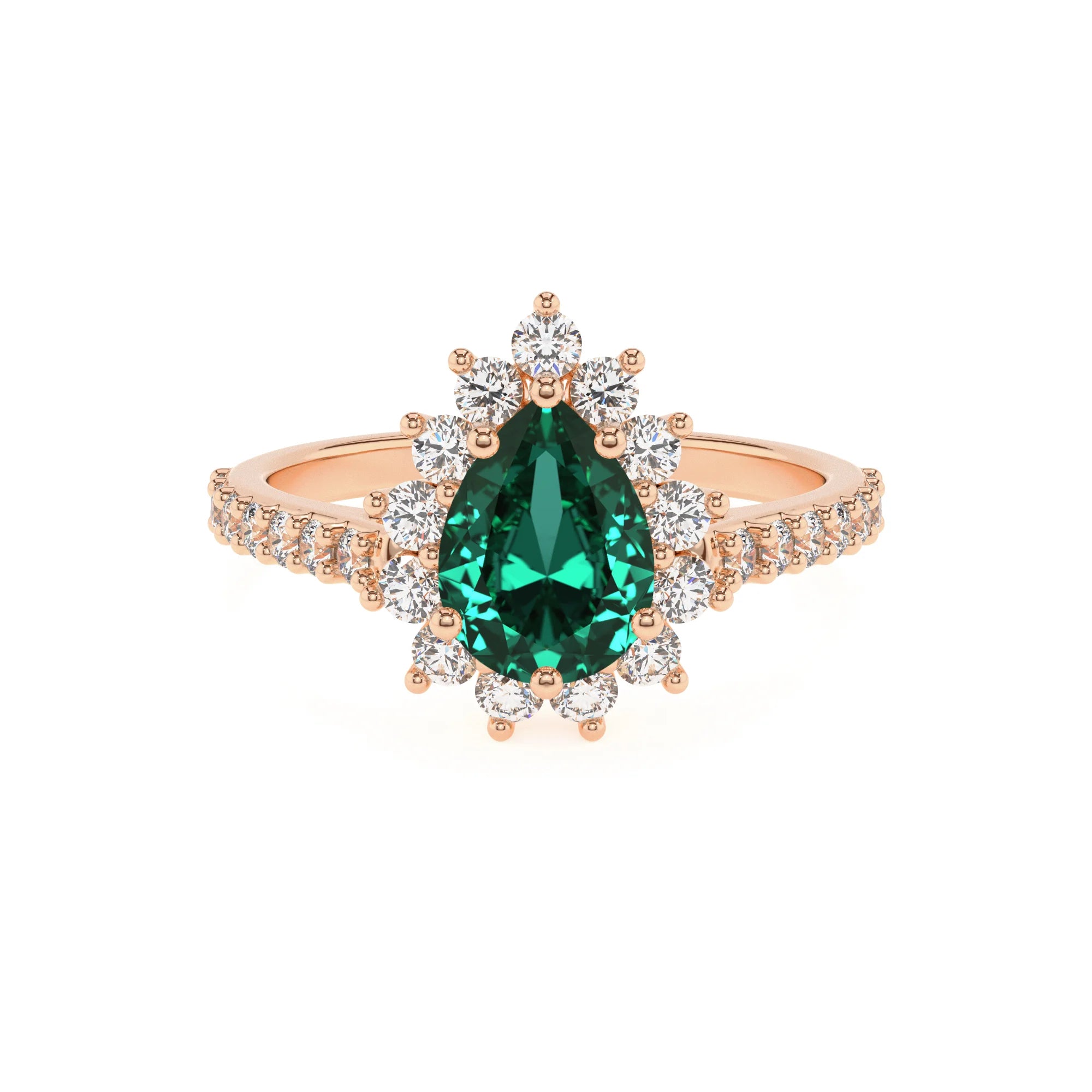 lab grown emerald pear solitaire rings in rose gold