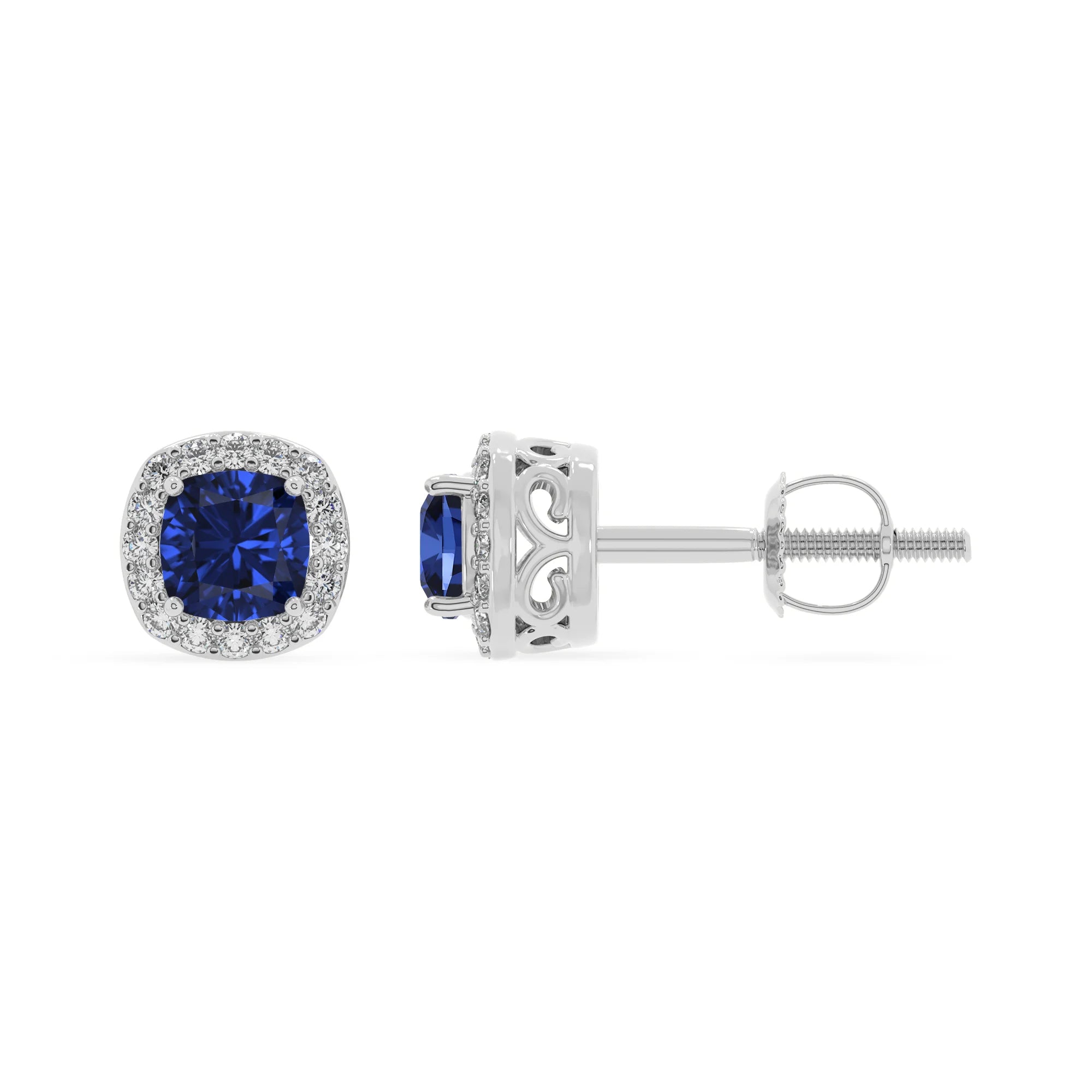 lab grown blue sapphire cushion stud earrings in white gold