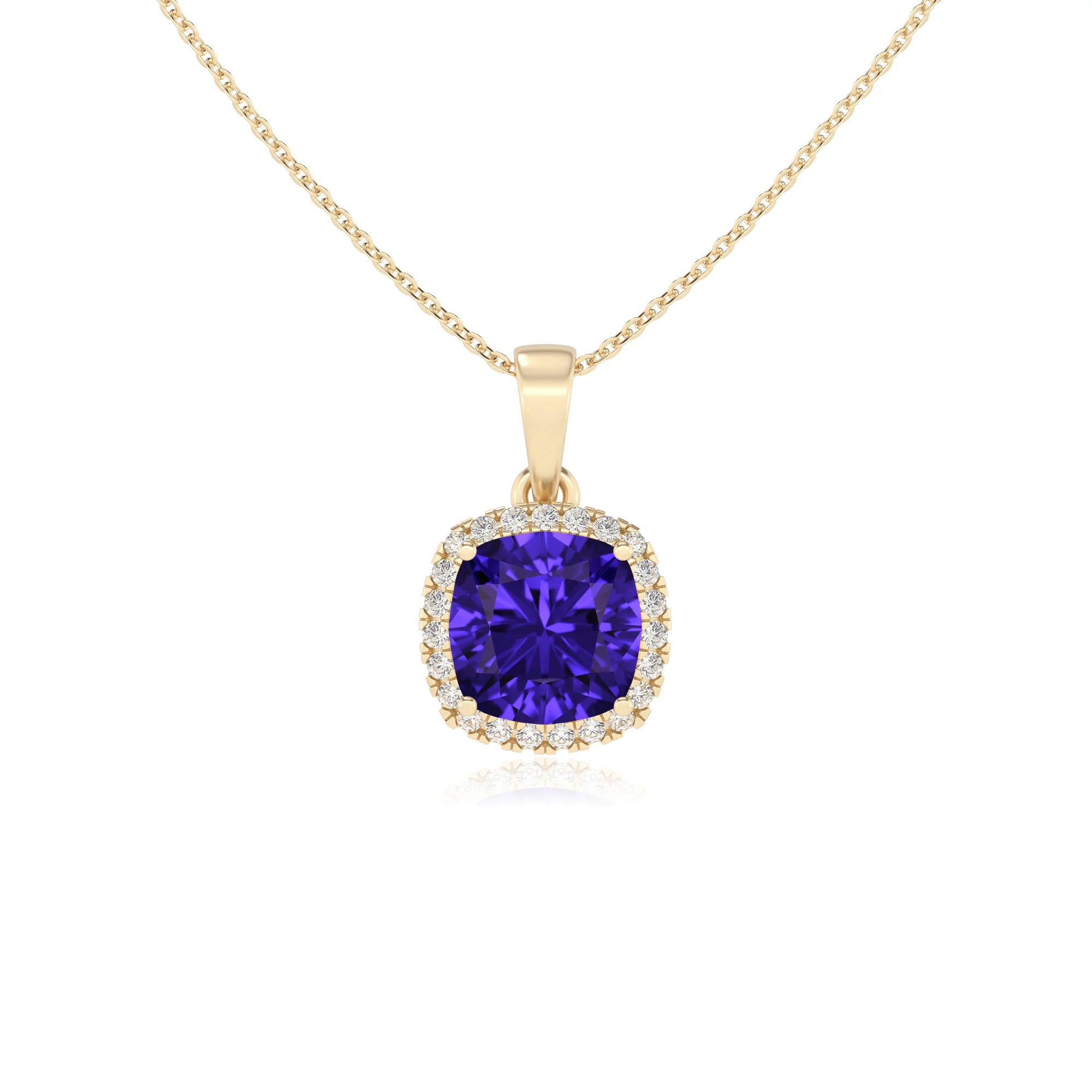 lab grown tanzanite cushion solitaire necklaces in yellow gold
