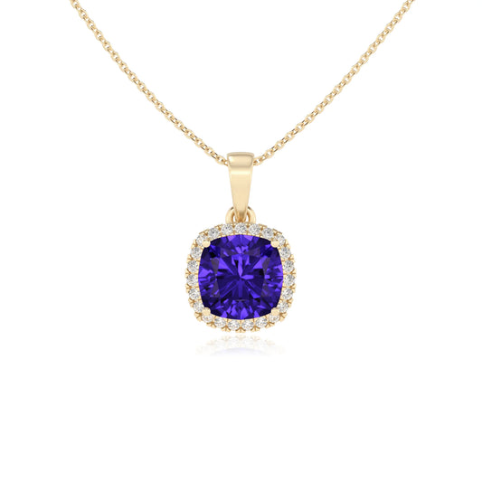 lab grown tanzanite cushion solitaire necklaces in yellow gold