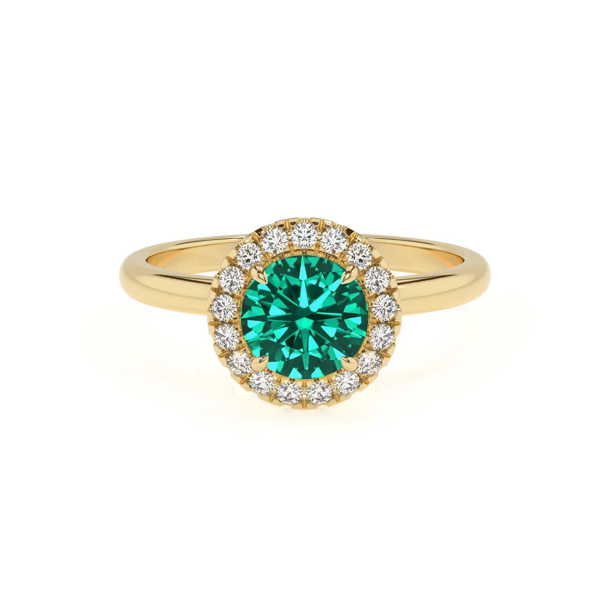 lab grown emerald round solitaire rings in yellow gold