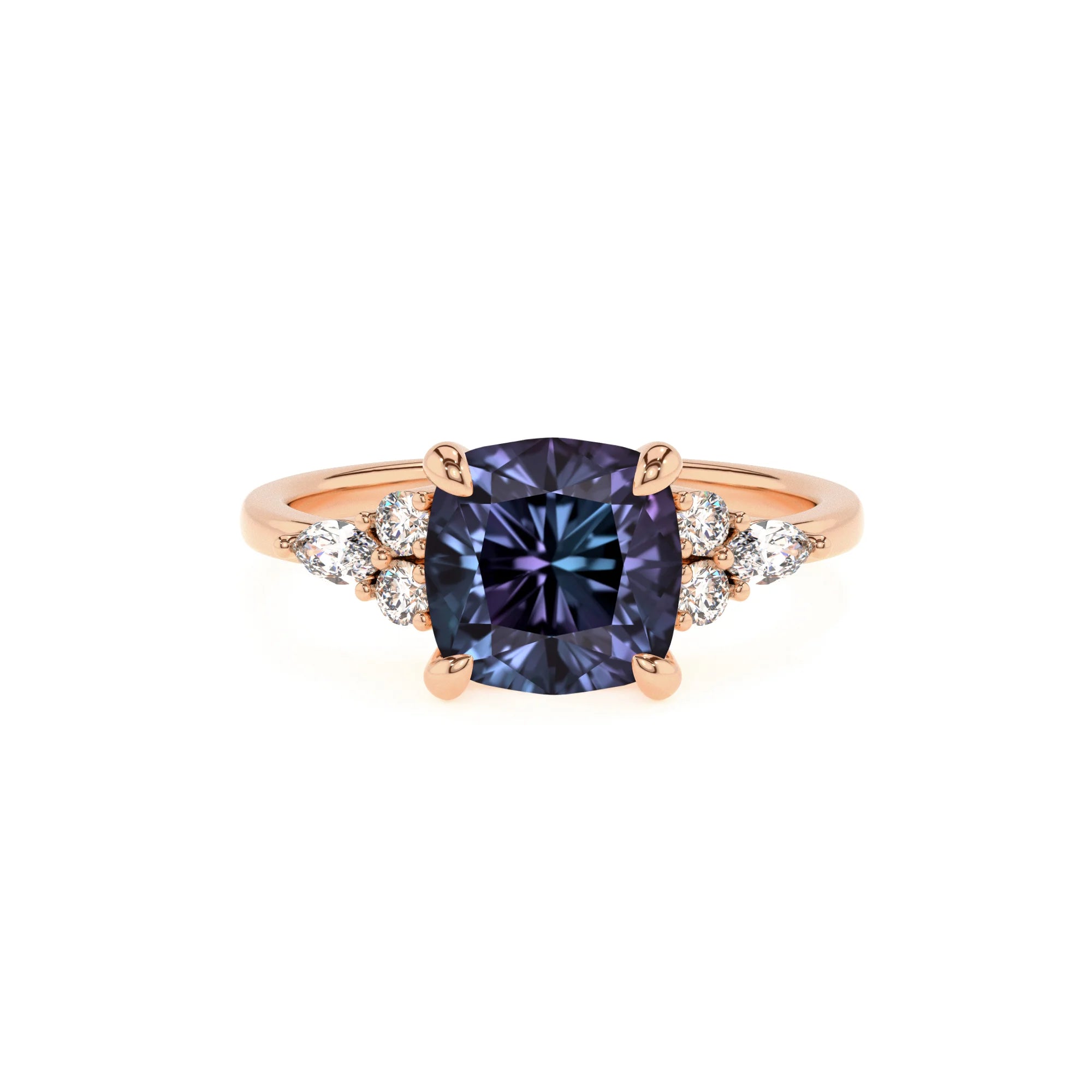 lab grown alexandrite cushion solitaire rings in rose gold