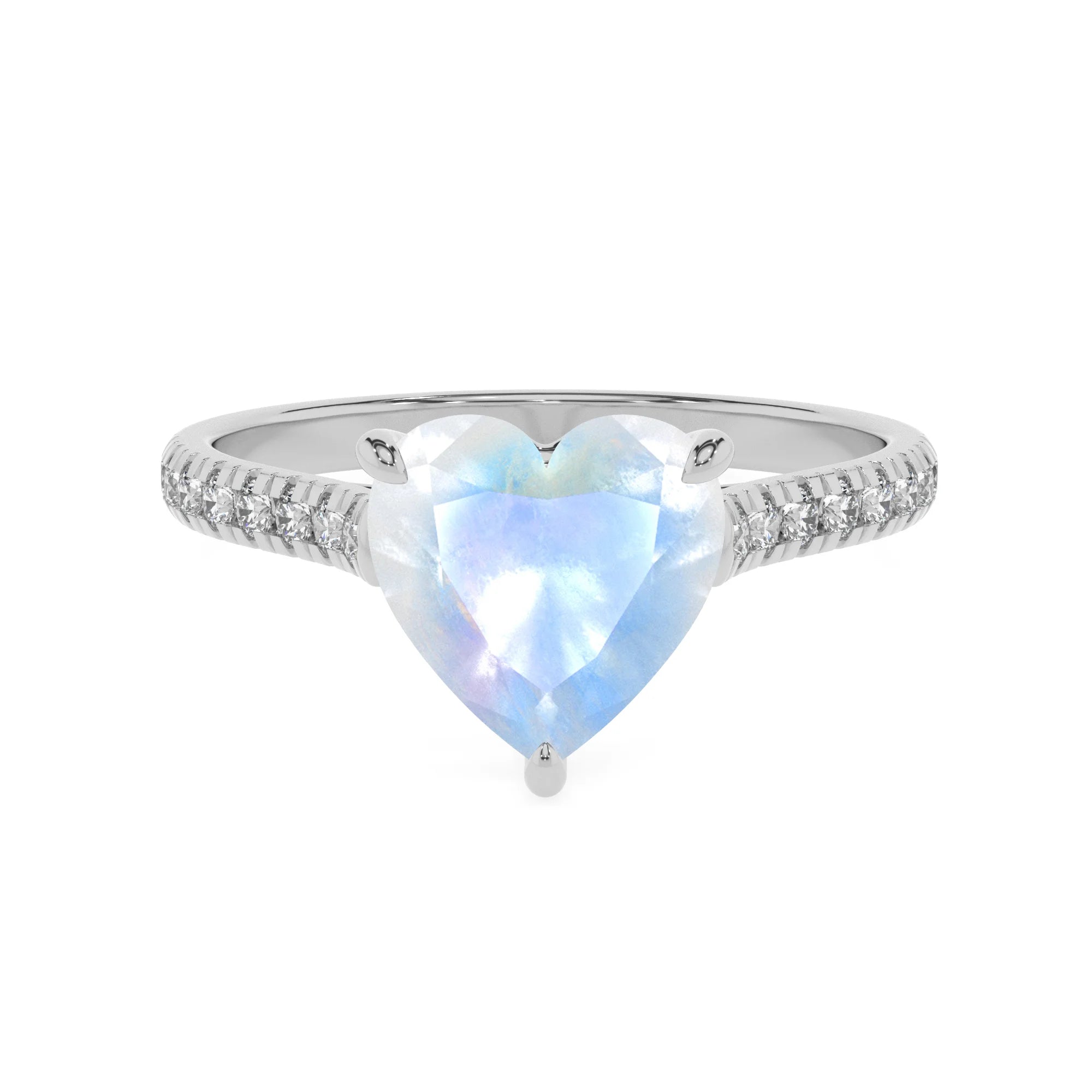 natural rainbow-moonstone heart half eternity solitaire engagement rings in white gold