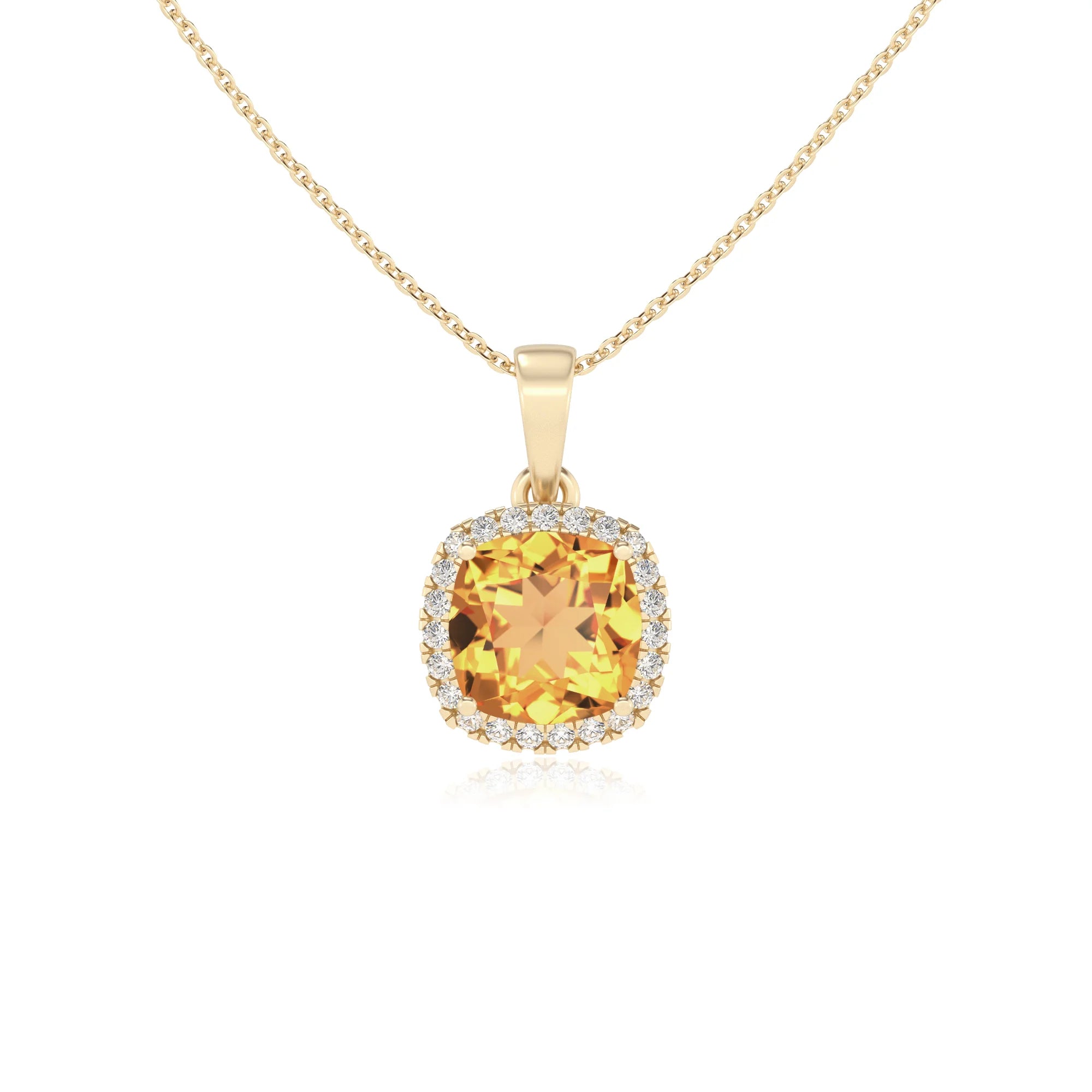 lab grown citrine cushion solitaire necklaces in yellow gold