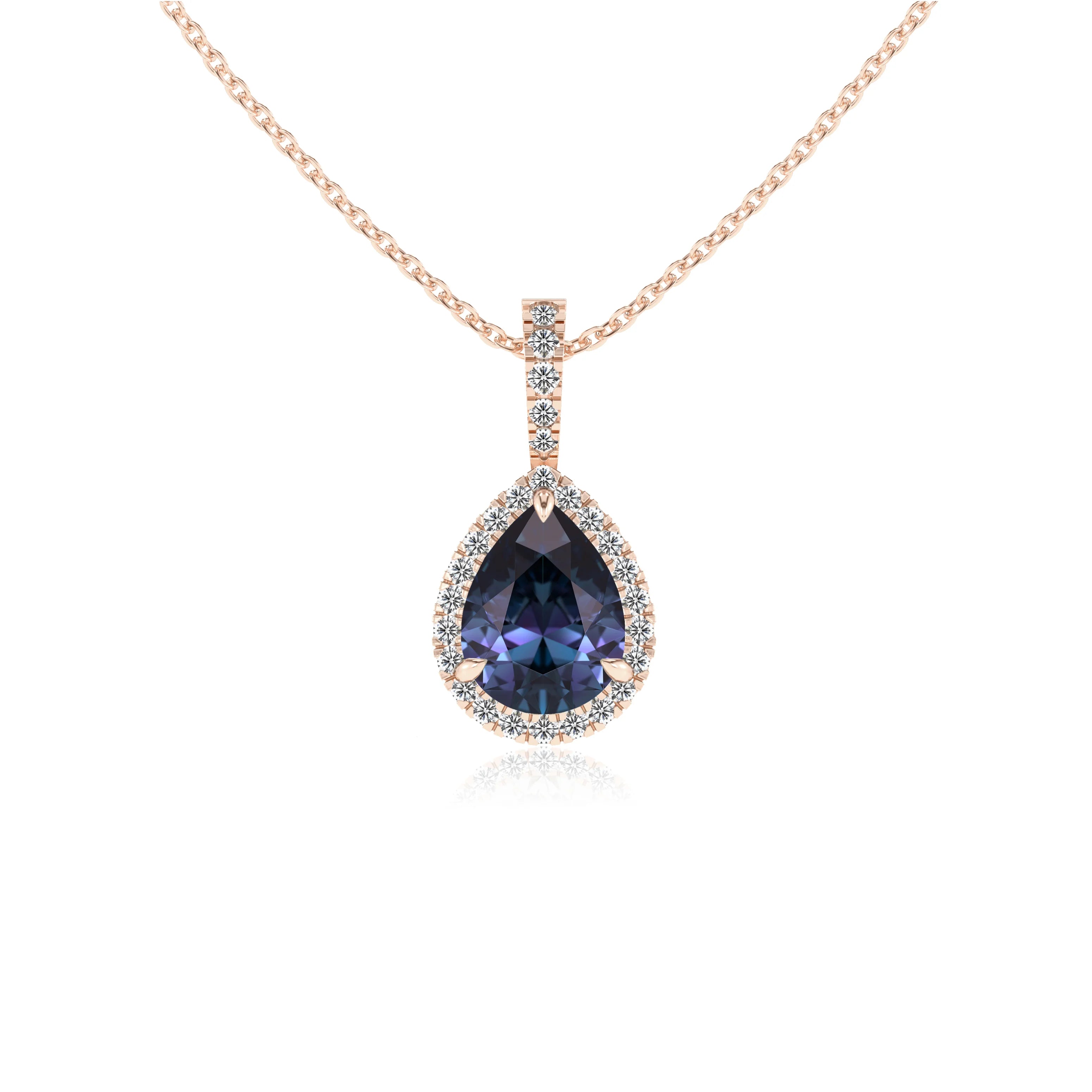 lab grown alexandrite pear solitaire necklaces in rose gold