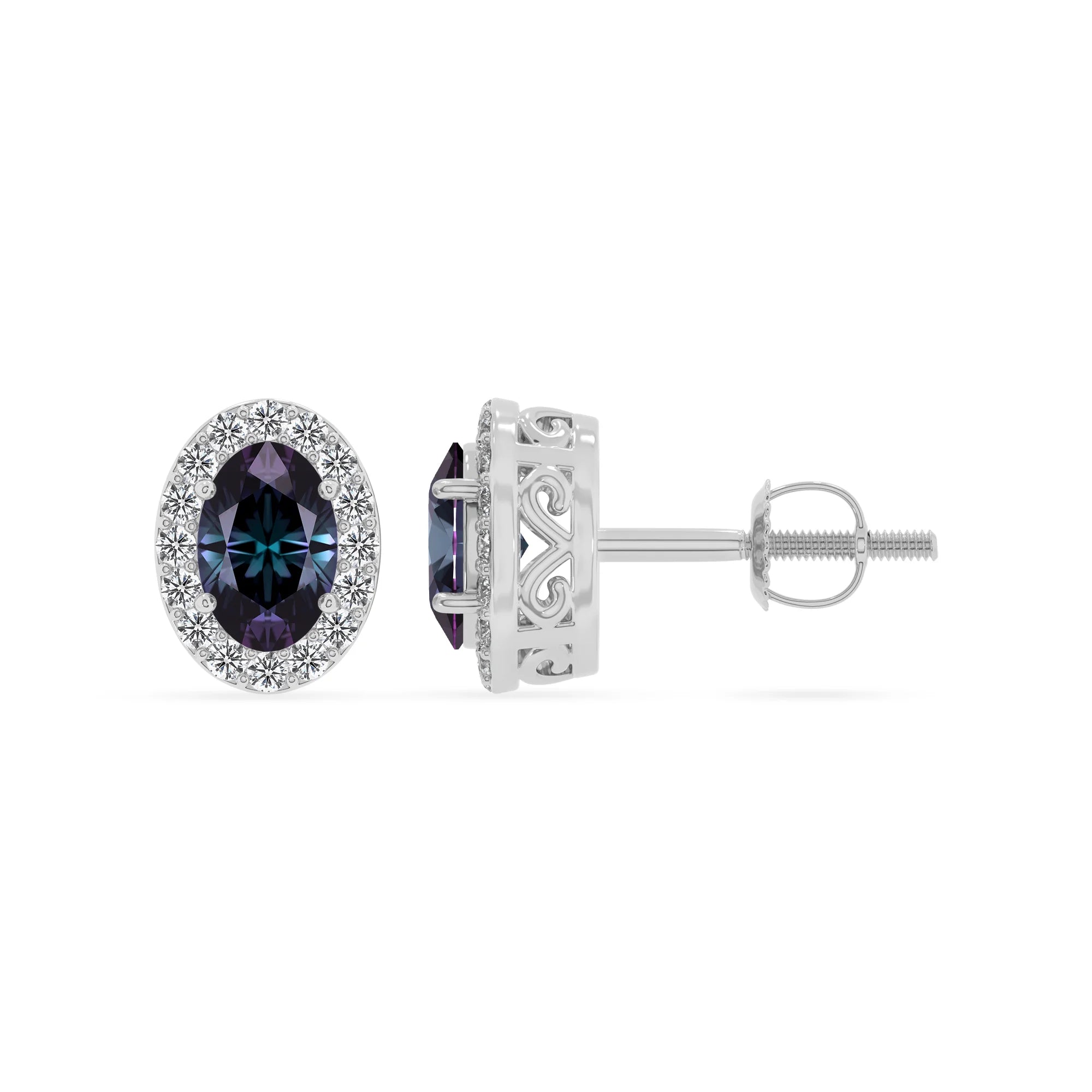 lab grown alexandrite oval stud earrings in white gold