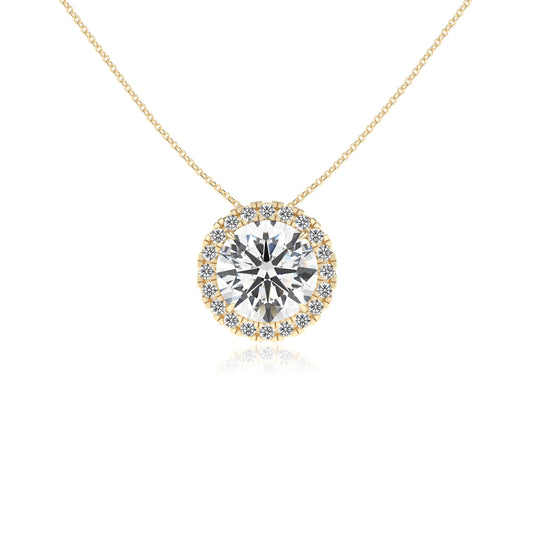lab grown moissanite round solitaire necklaces in yellow gold