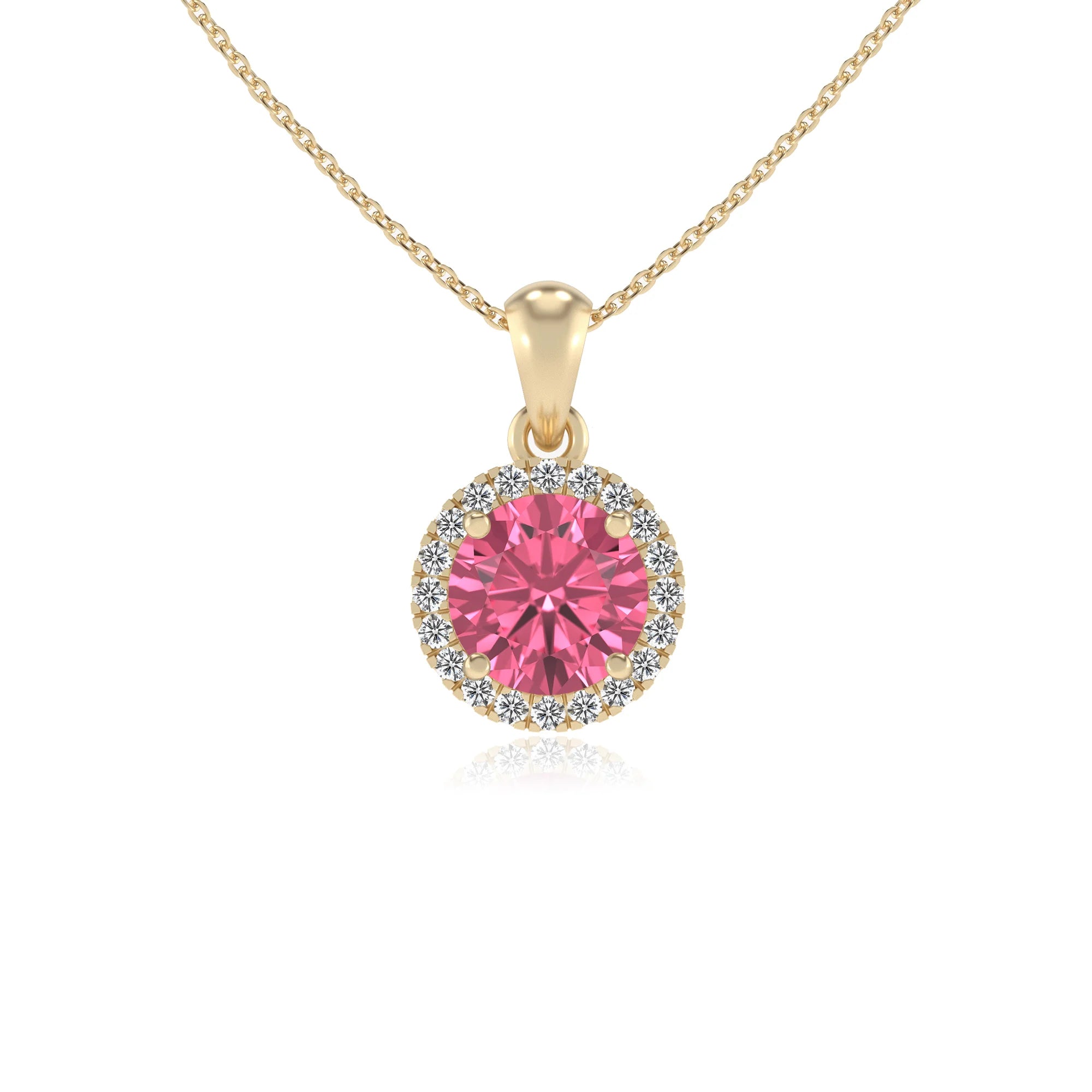 lab grown pink-tourmaline round solitaire necklaces in yellow gold