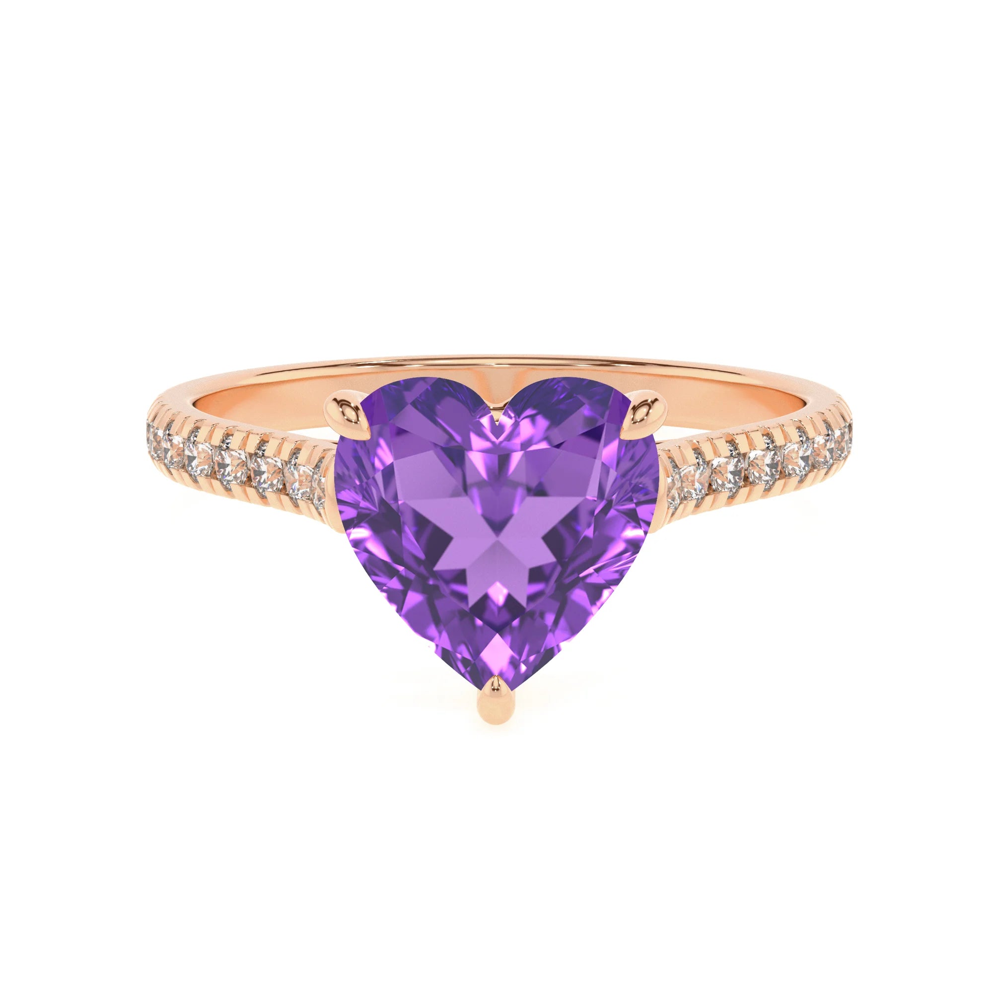 lab grown amethyst heart half eternity solitaire engagement rings in rose gold