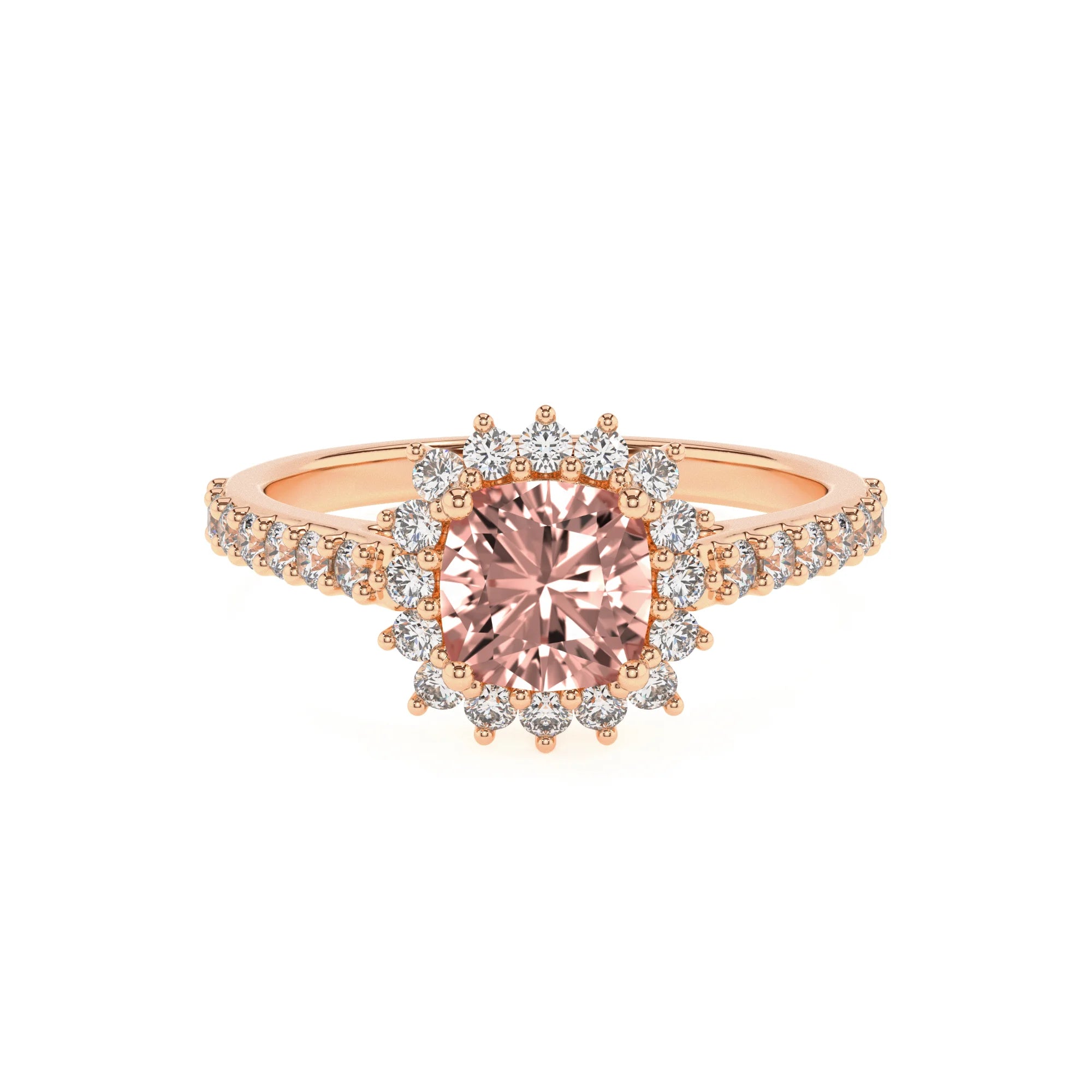 lab grown morganite cushion solitaire rings in rose gold