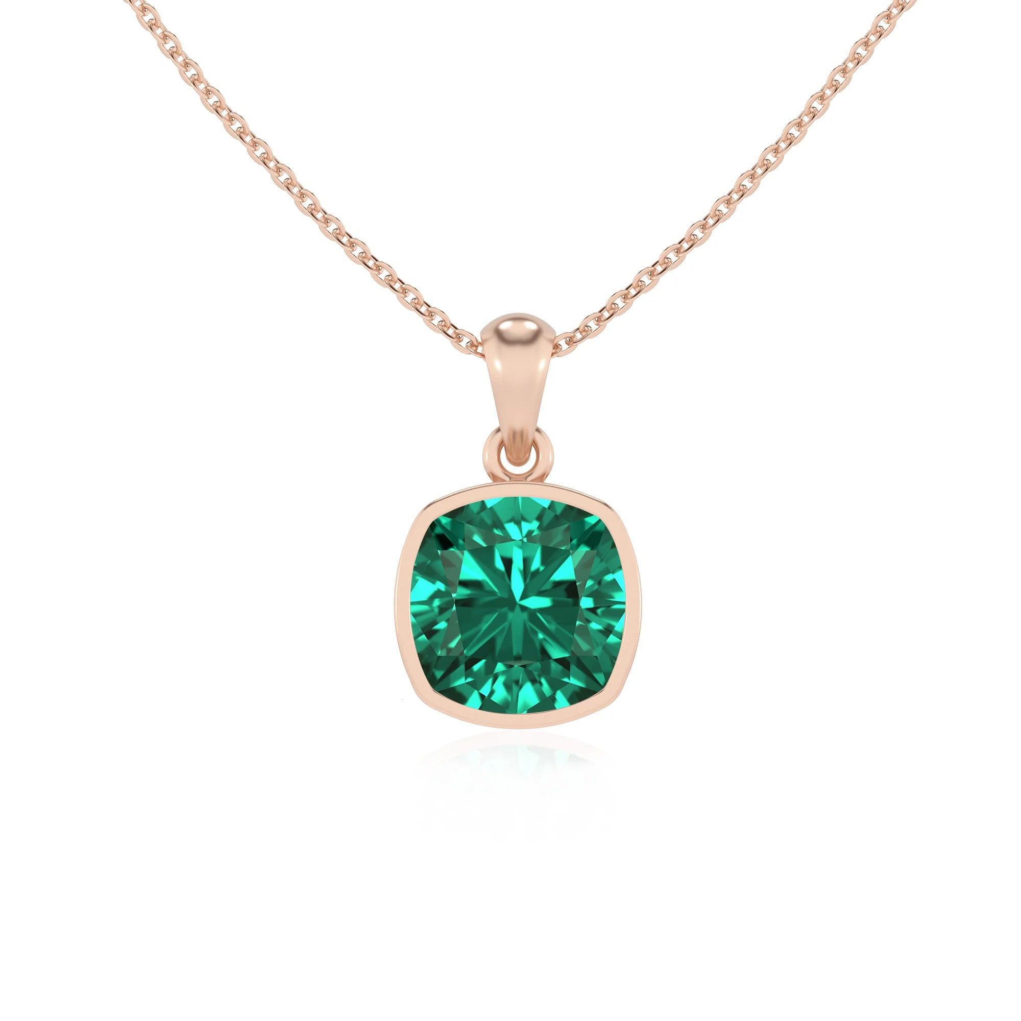 lab grown emerald cushion solitaire necklaces in rose gold