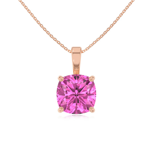 lab grown pink-sapphire cushion solitaire necklaces in rose gold
