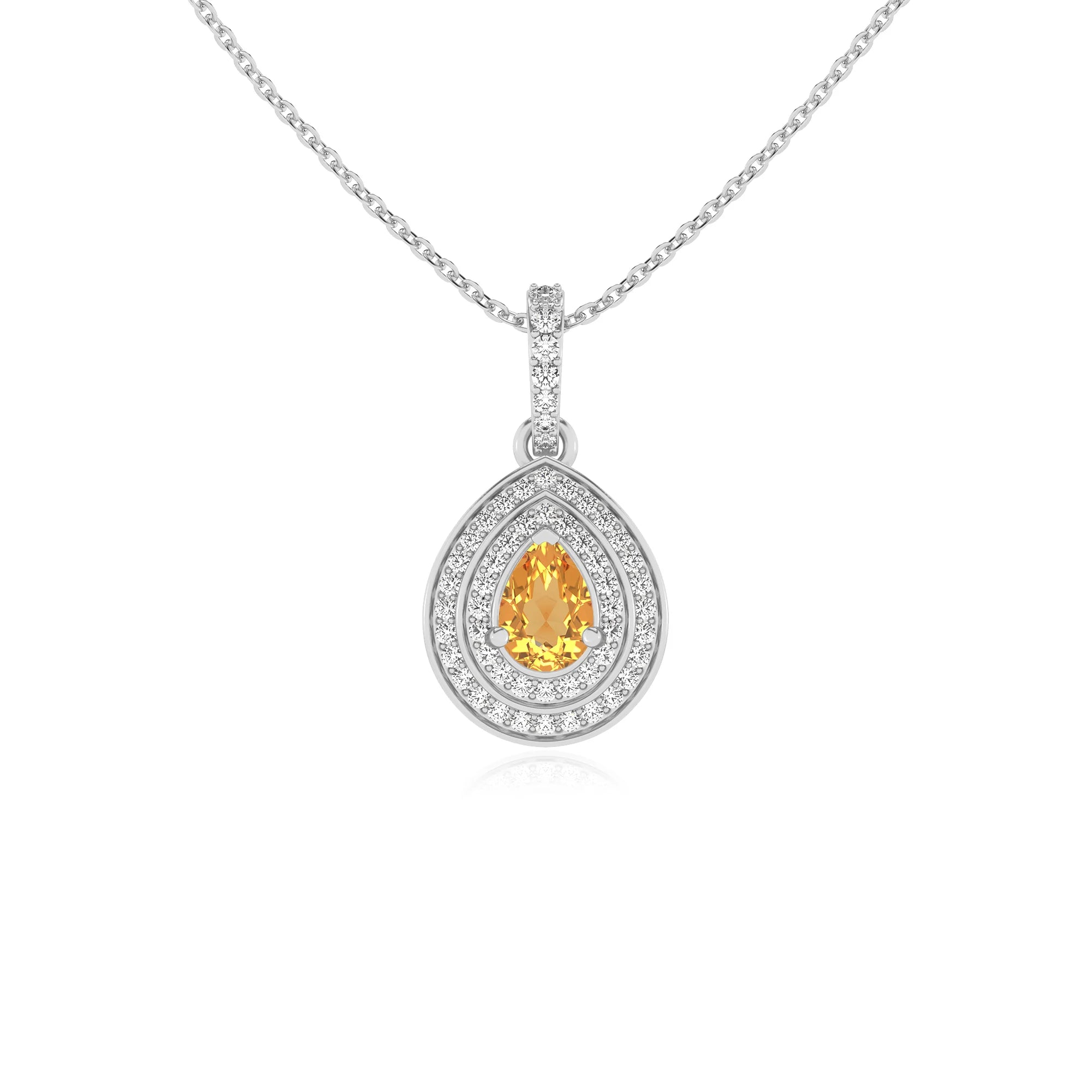 lab grown citrine pear halo necklaces in white gold