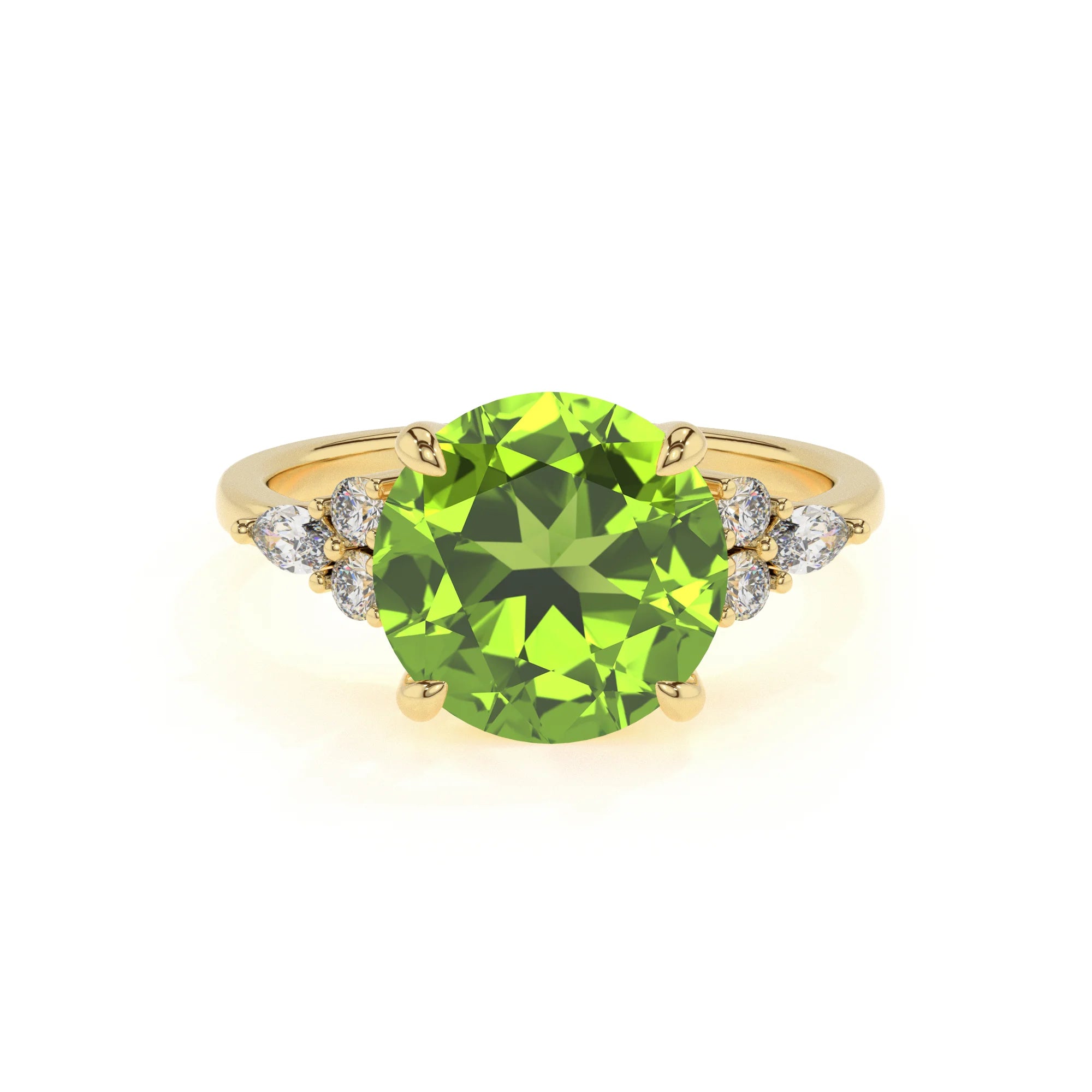natural peridot round solitaire rings in yellow gold