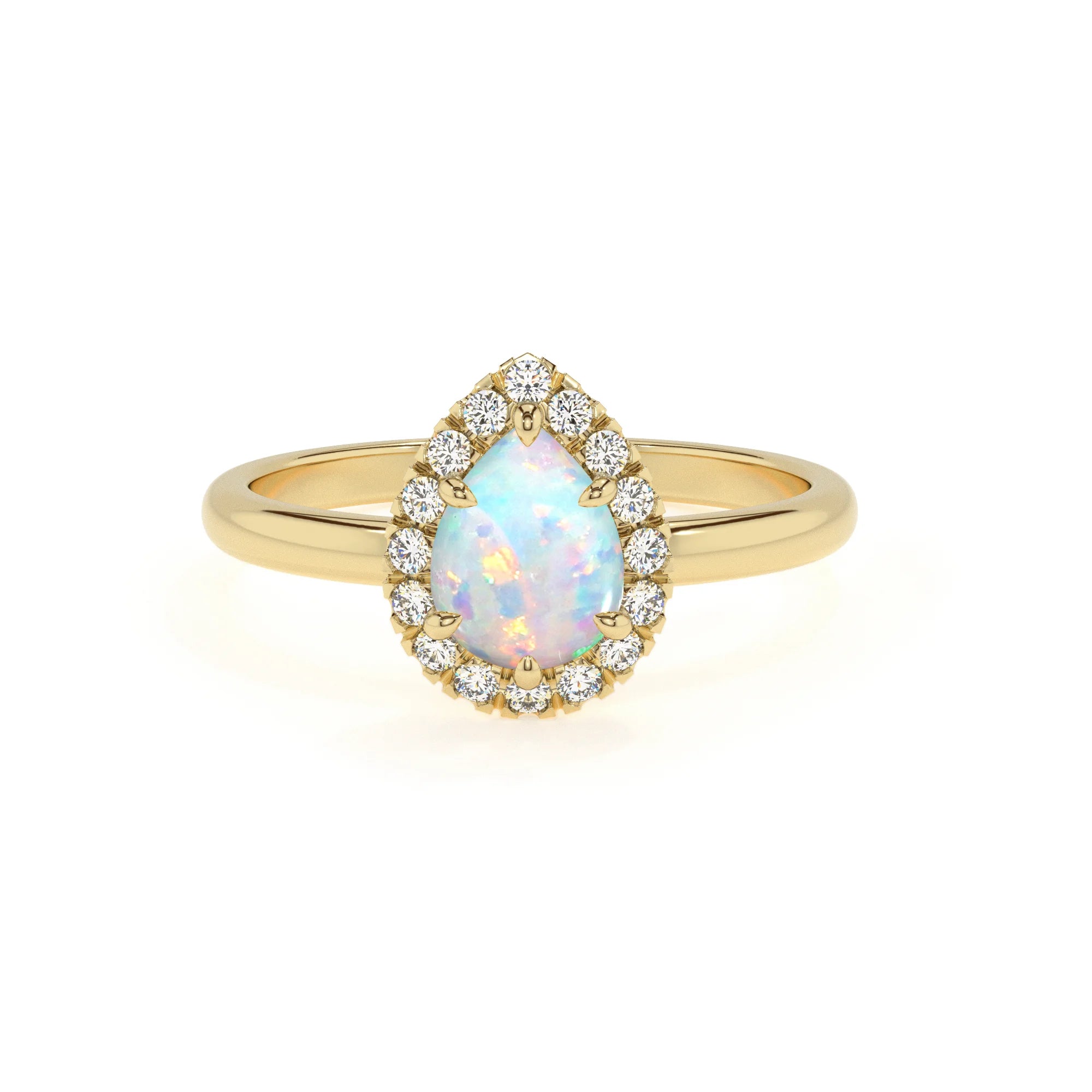 lab grown opal pear solitaire rings in yellow gold