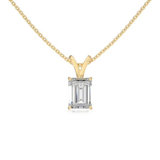 lab grown moissanite emerald cut solitaire v-bale necklaces in yellow gold