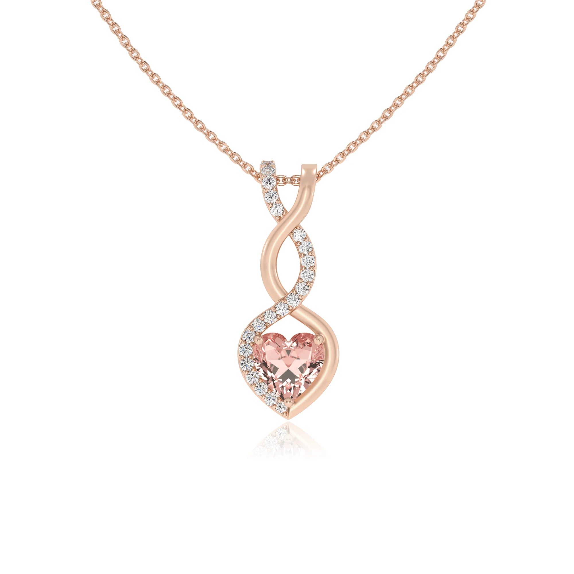 lab grown morganite heart infinity necklaces in rose gold