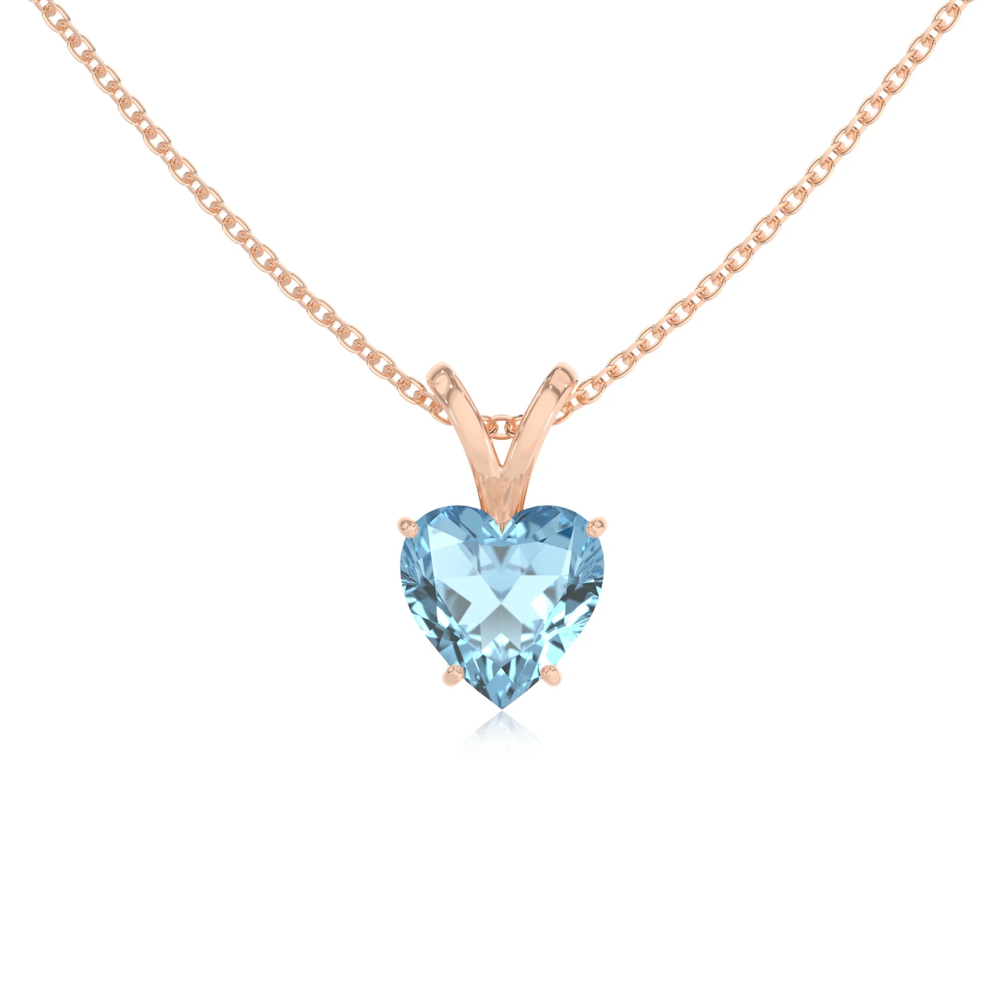 lab grown aquamarine heart solitaire v-bale necklaces in rose gold