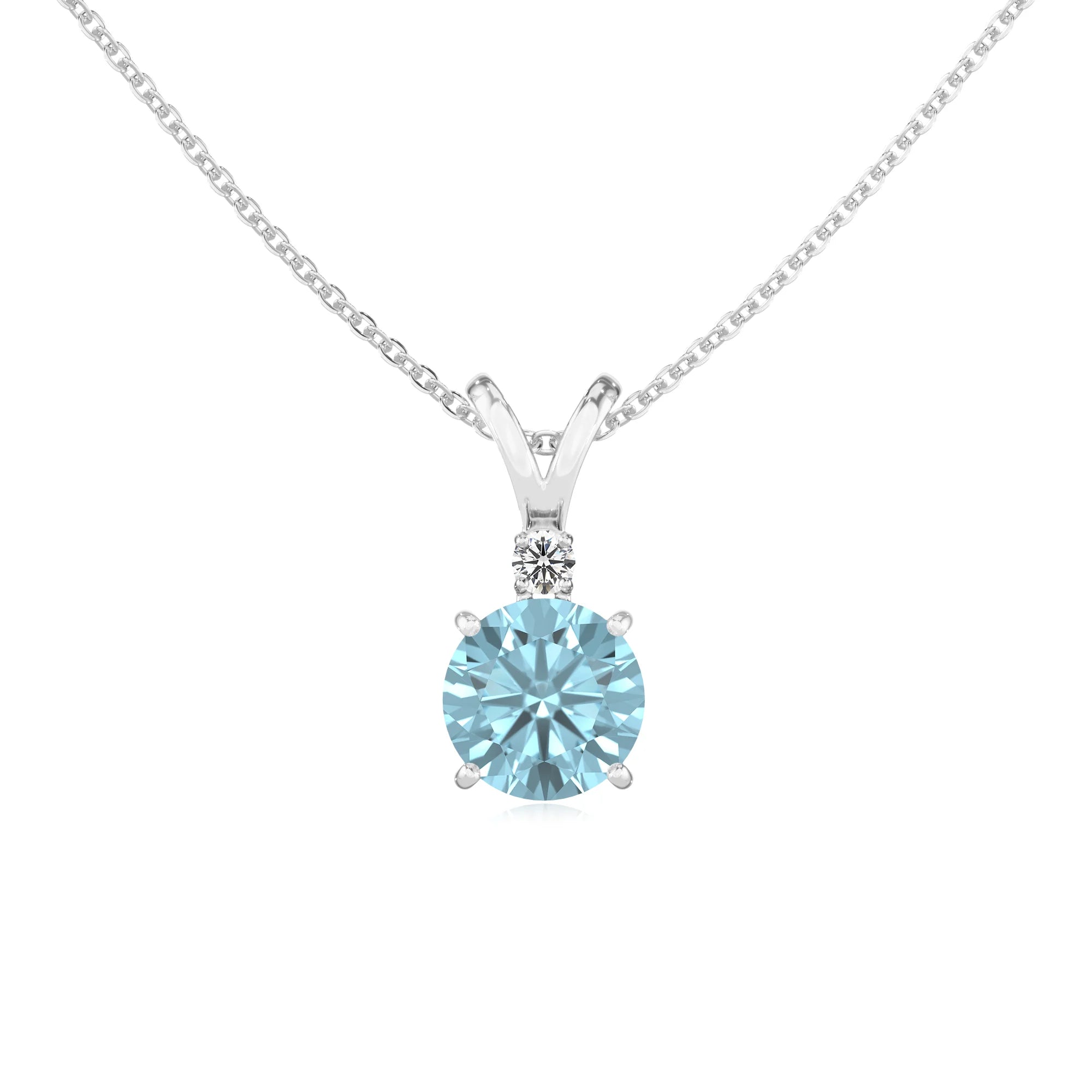 lab grown aquamarine round solitaire v-bale necklaces in platinum