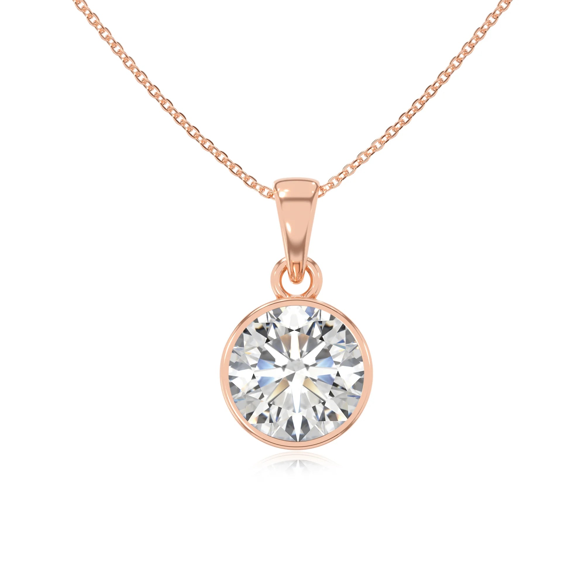 lab grown moissanite round solitaire necklaces in rose gold