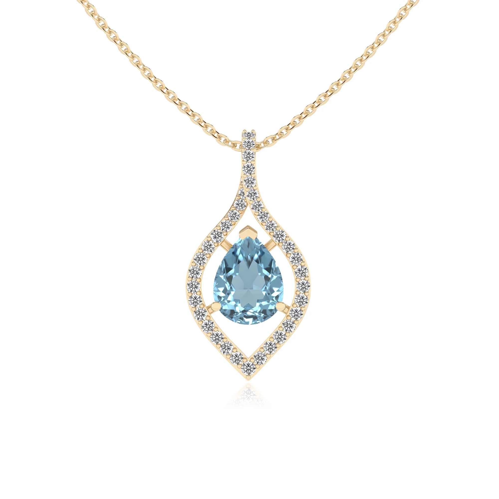 lab grown aquamarine pear infinity necklaces in yellow gold