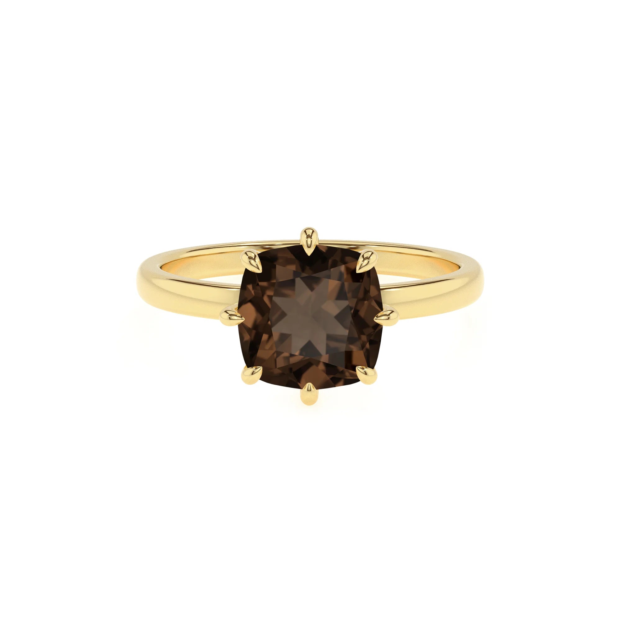 natural smoky-quartz cushion solitaire rings in yellow gold