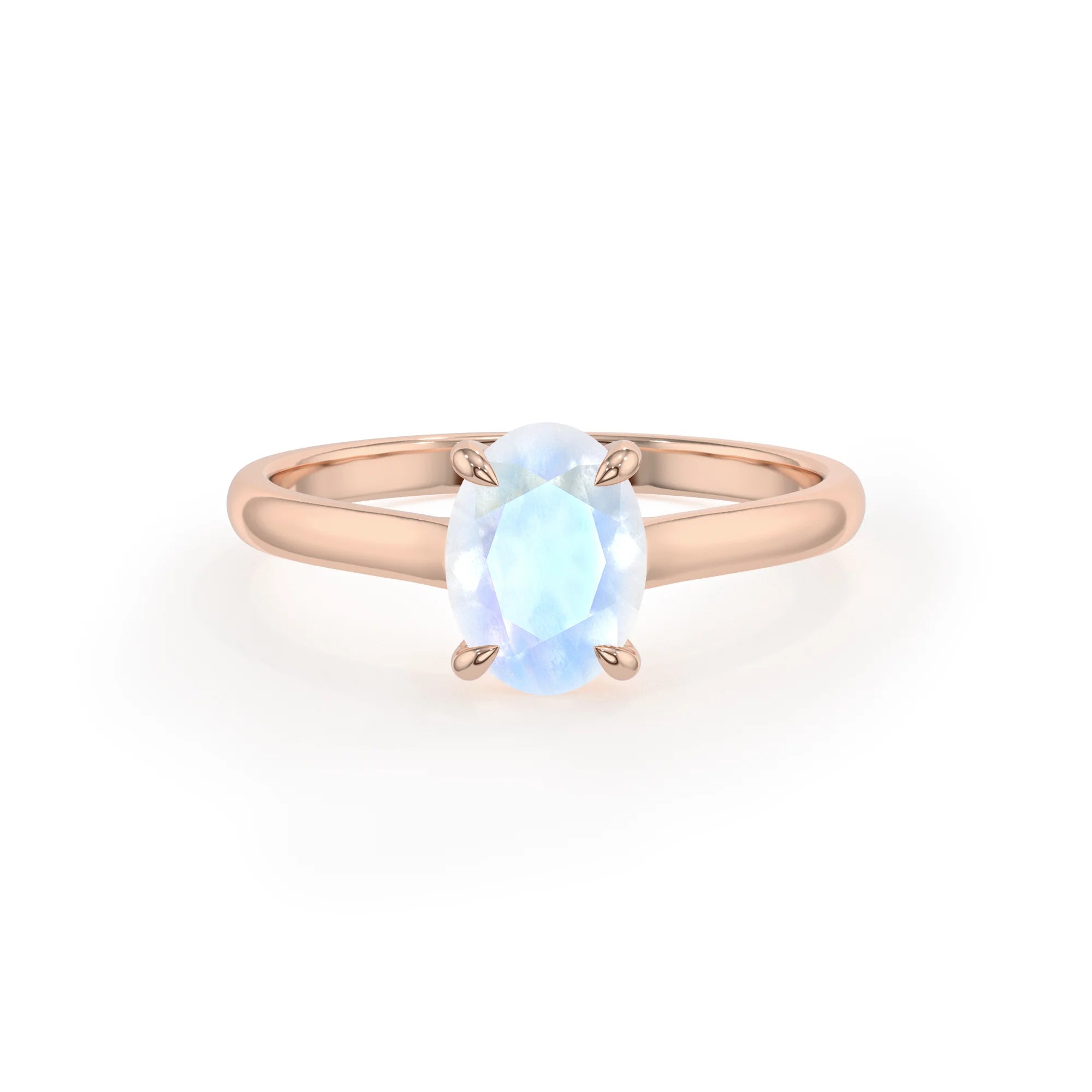 natural rainbow-moonstone oval solitaire rings in rose gold