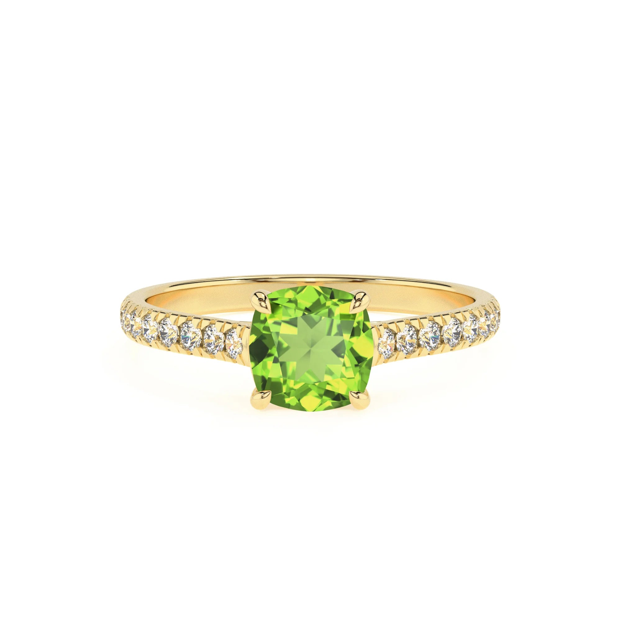 natural peridot cushion half eternity solitaire engagement rings in yellow gold