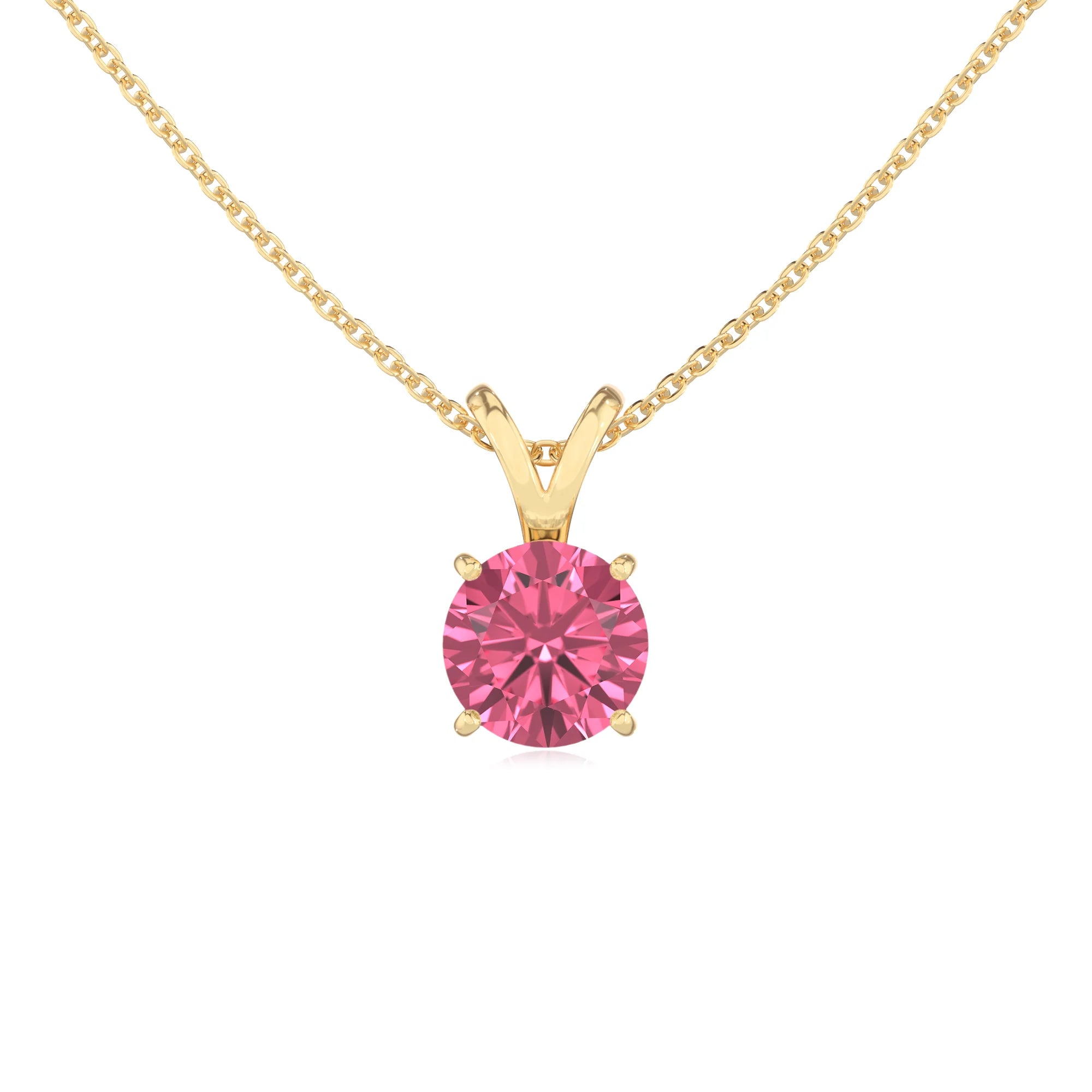 lab grown pink-tourmaline round solitaire v-bale necklaces in yellow gold