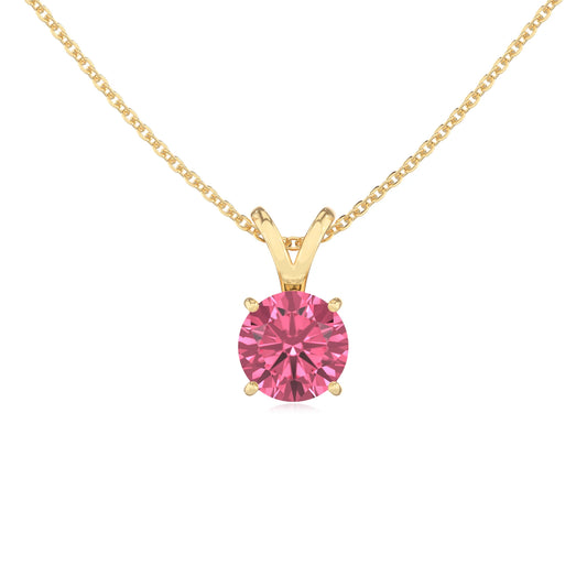lab grown pink-tourmaline round solitaire v-bale necklaces in yellow gold