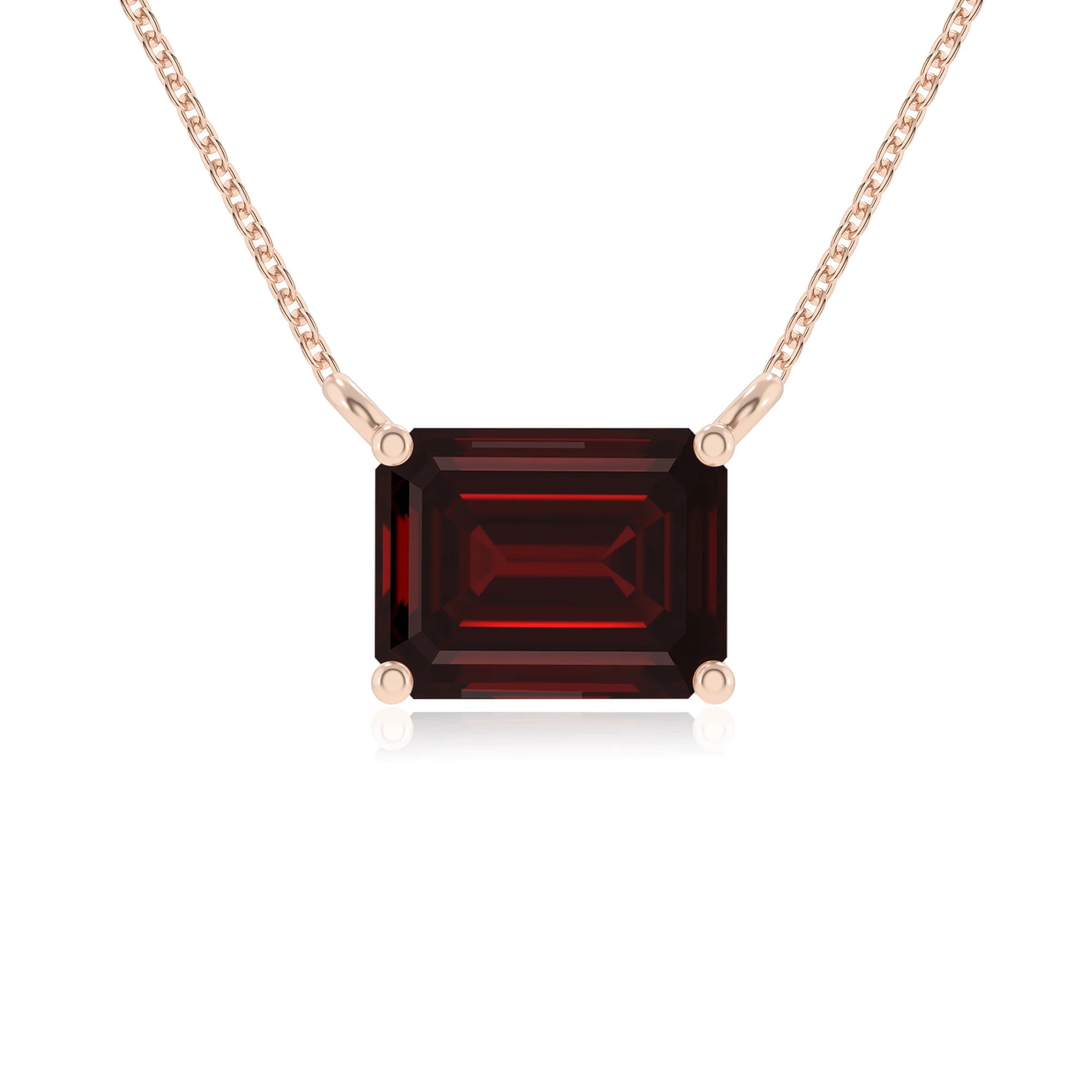 natural garnet emerald cut solitaire necklaces in rose gold