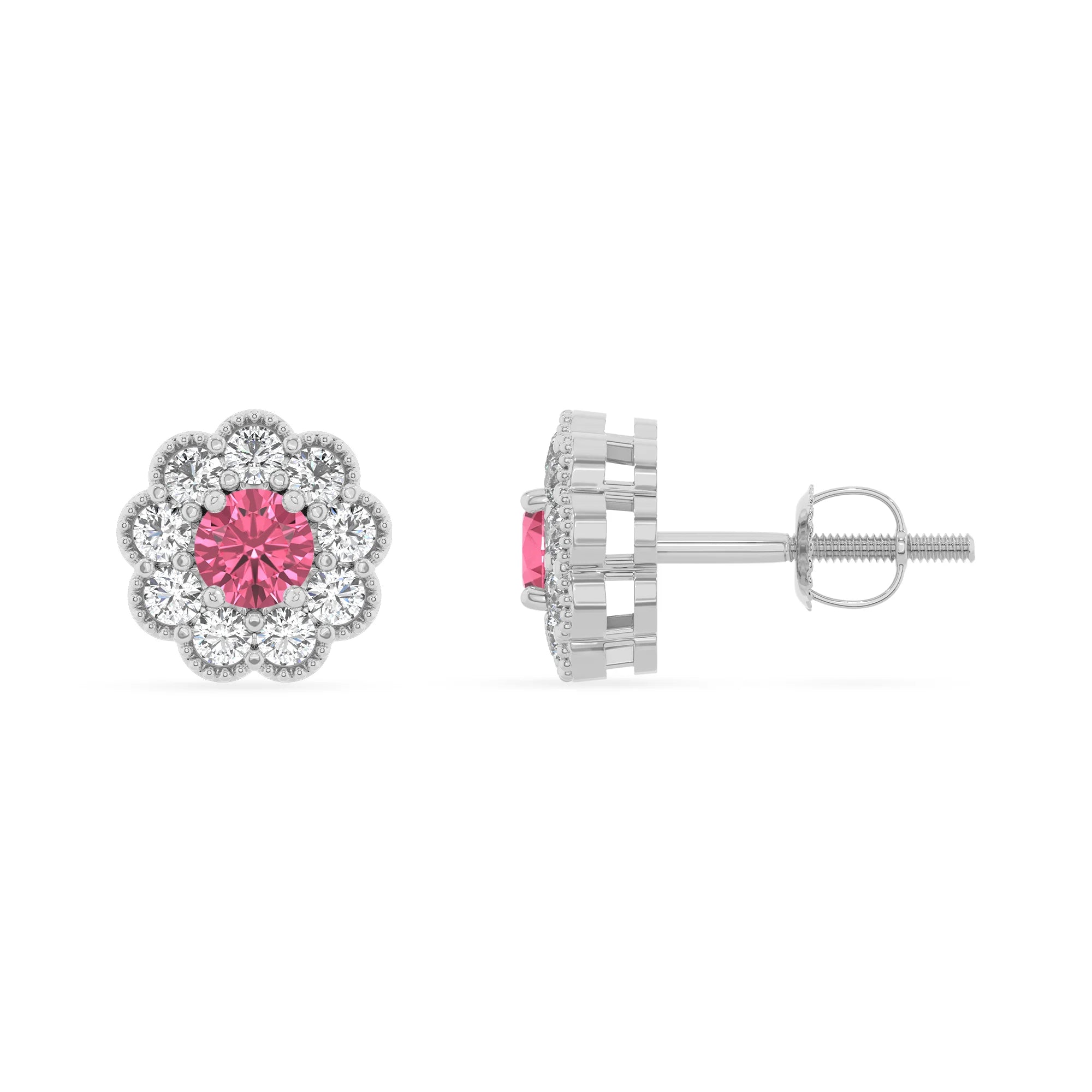 lab grown pink tourmaline round stud earrings in white gold